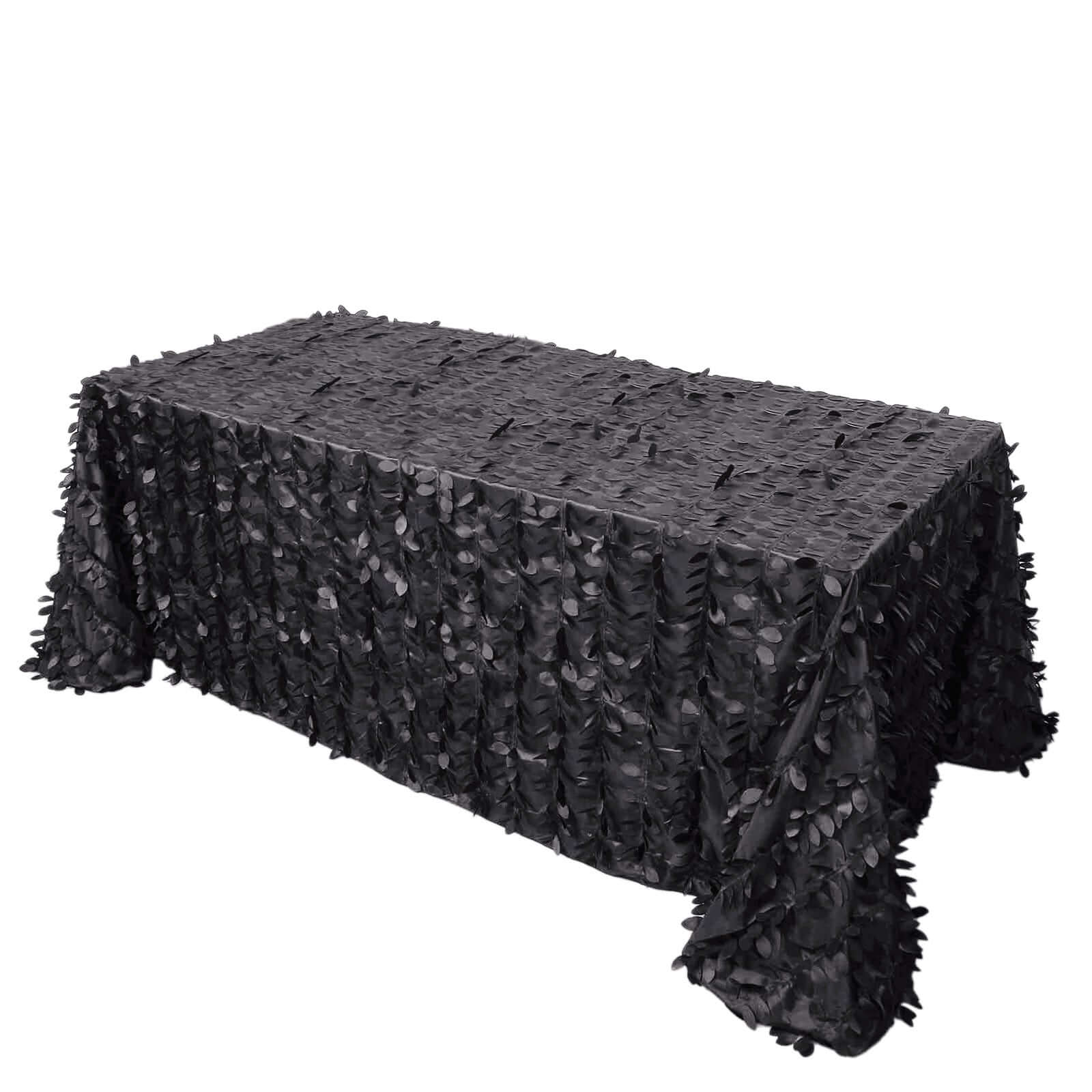 Black Taffeta Rectangle Tablecloth with 3D Leaf Petal Design | Great for Events