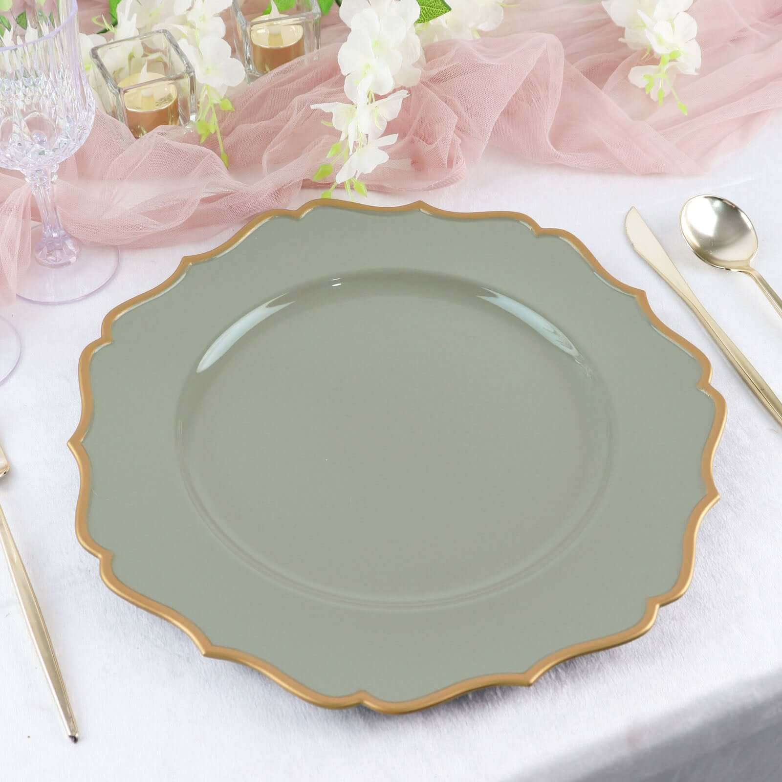 6-Piece Set of 13-Inch Dusty Sage Green Acrylic Charger Plates with Gold Scalloped Edges