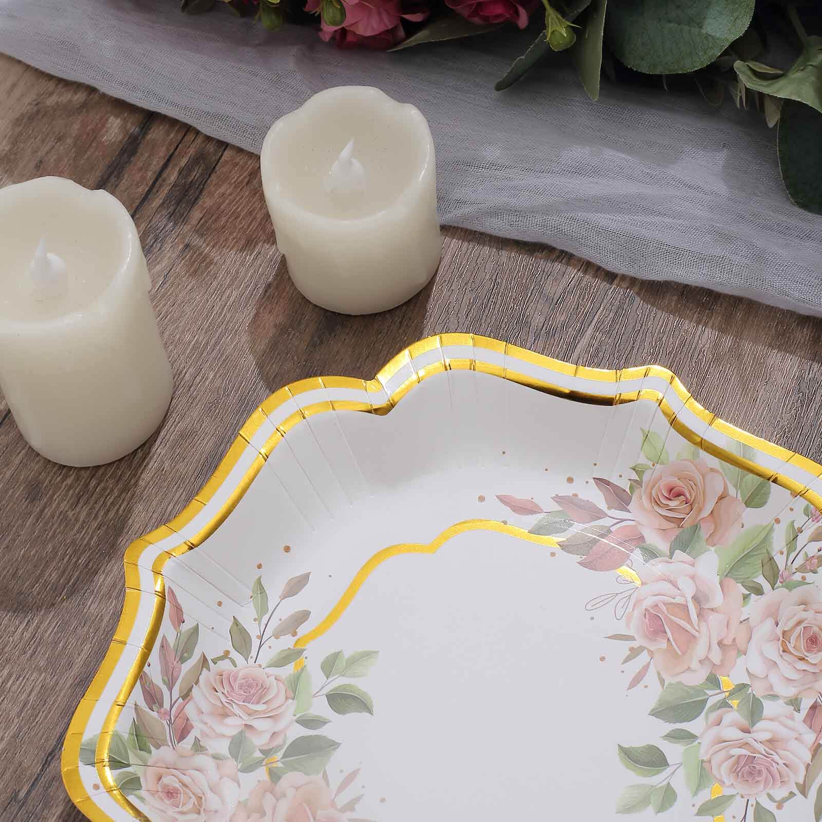25-Pack Disposable 8-Inch White Floral Gold-Scalloped Dessert Plates for Events