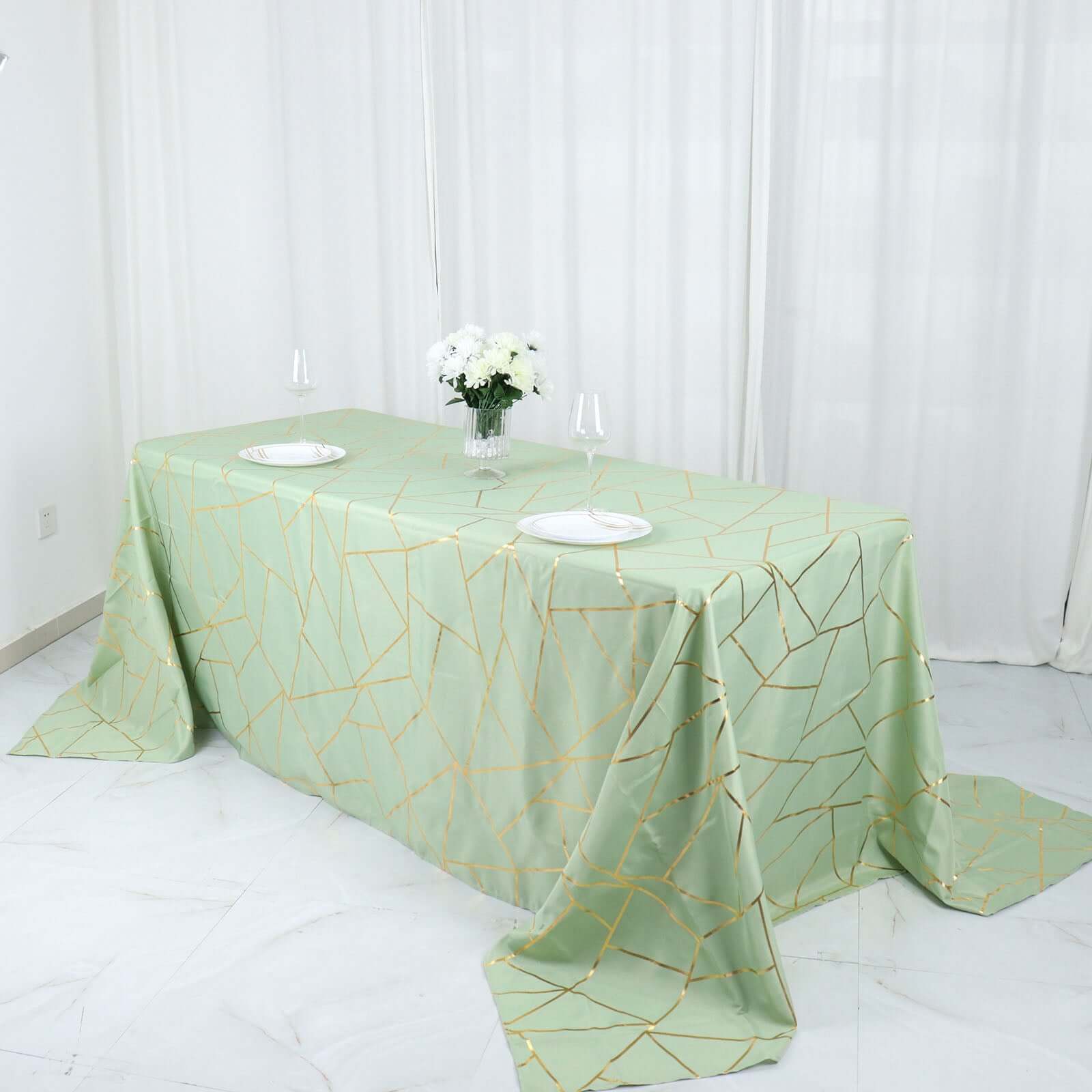 Hot! Wrinkle-Resistant Sage Green Polyester Tablecloth with Gold Foil Geometric Pattern, 90x132