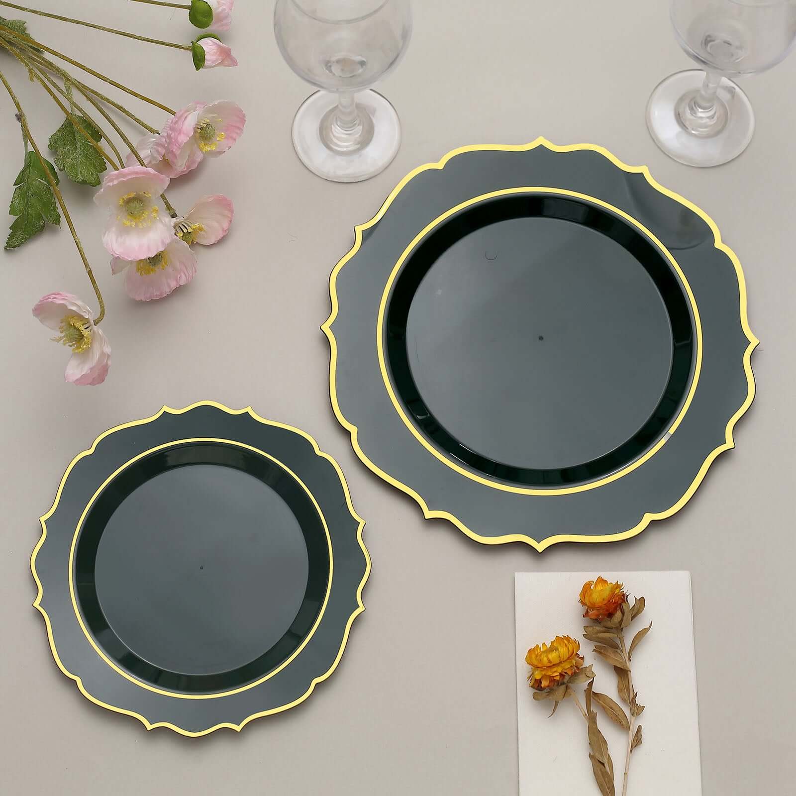 10-Pack Disposable 8-Inch Round Salad Plates in Hunter Green with Gold Scalloped Rim