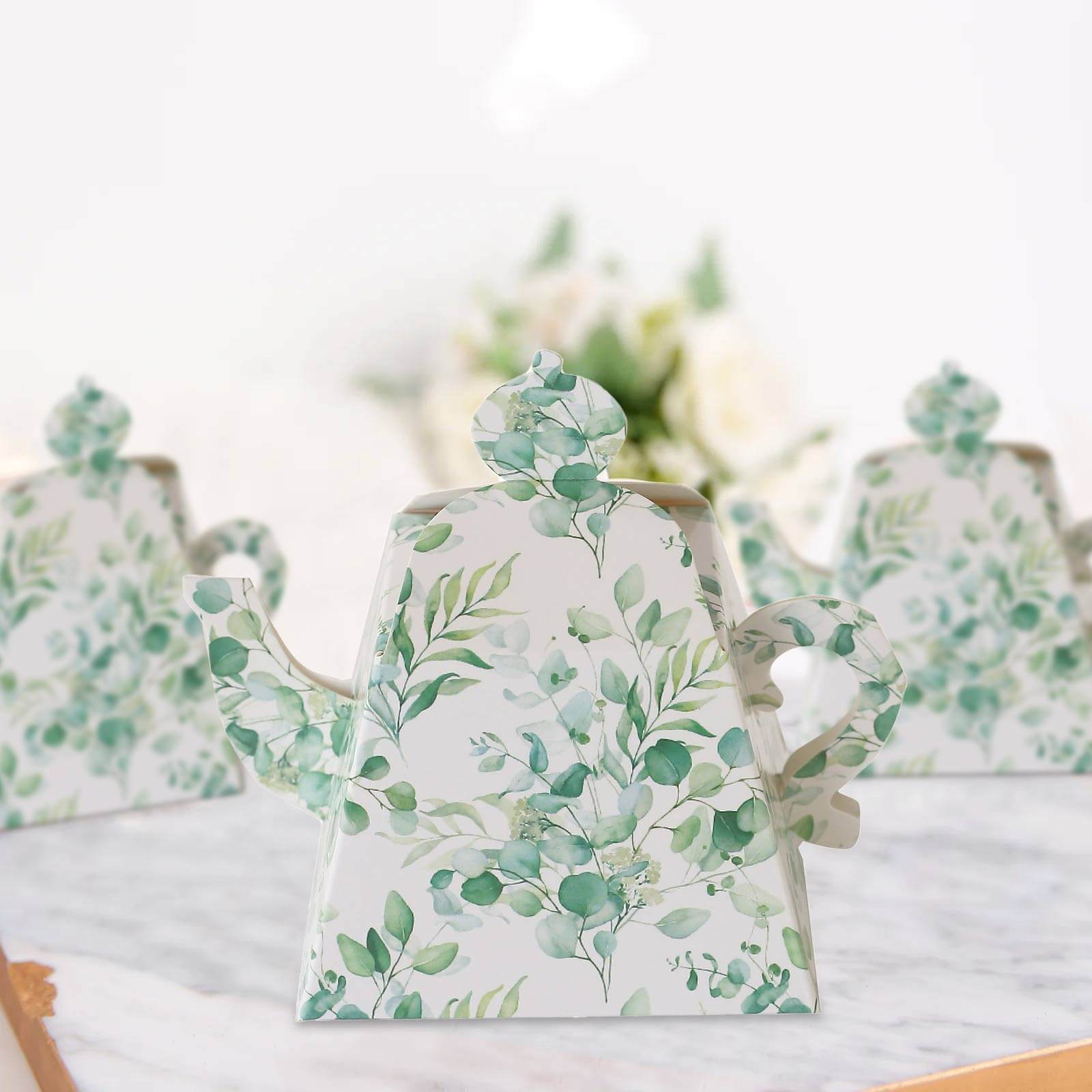 25-Pack Tea Time Mini Teapot Party Favor Boxes with Eucalyptus Greenery - Great Gift Idea
