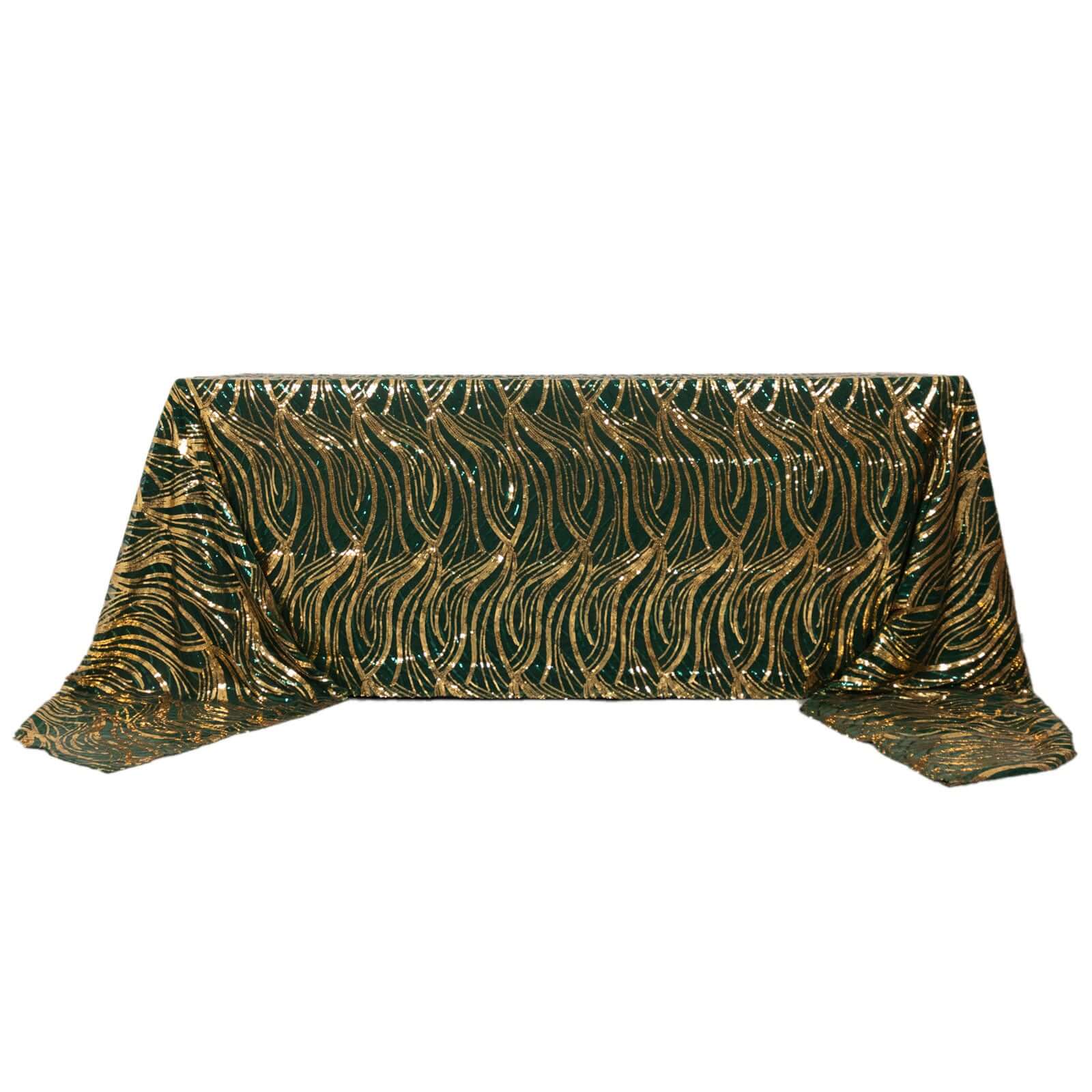 Sparkling Wave Sequin Embroidered Mesh Rectangle Tablecloth - Hunter Emerald Green/Gold