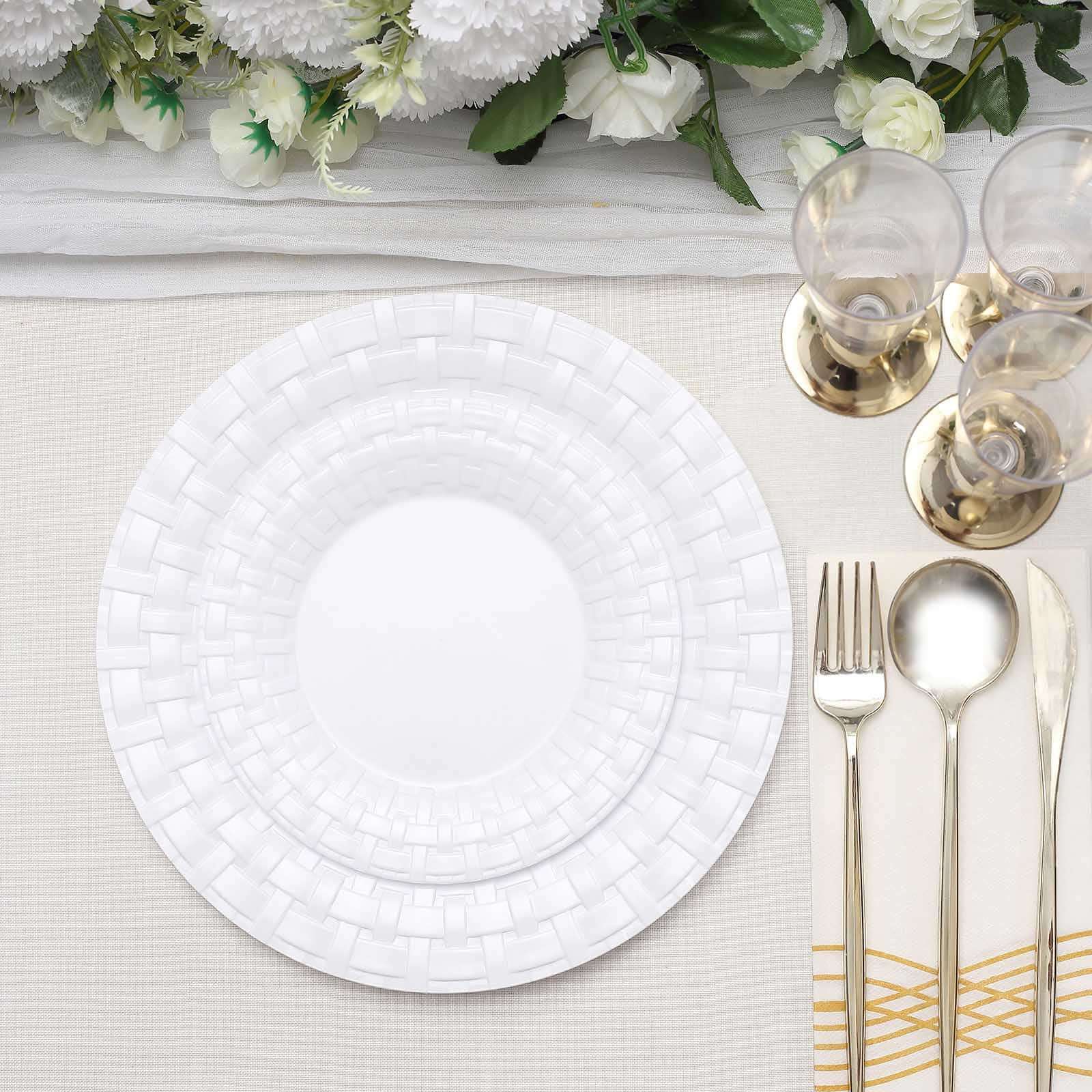 10-Pack Durable Disposable White Basketweave Rim Plastic Dinner Plates, 10"