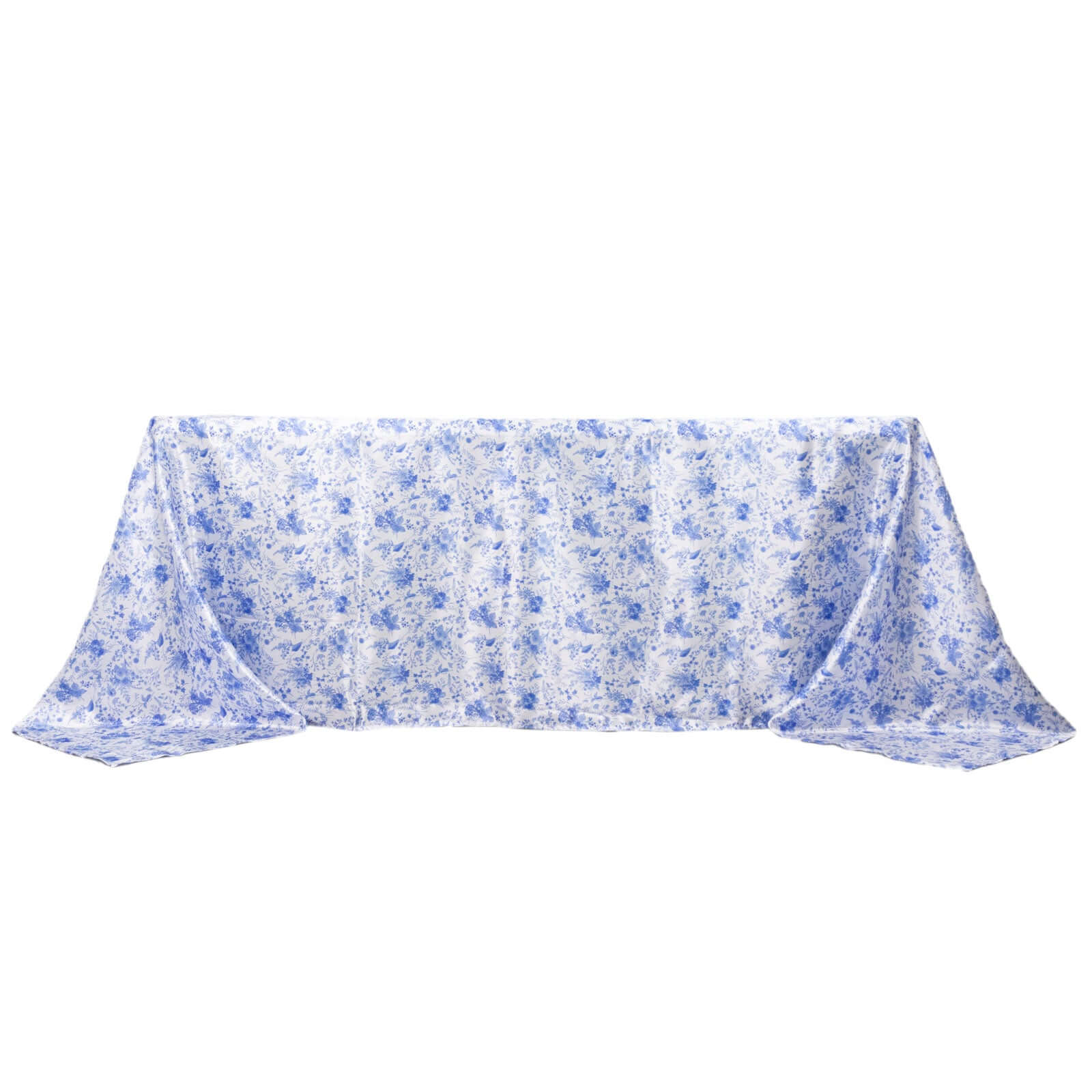 Exclusive Satin 90x132 Rectangular Tablecloth - White/Blue French Toile Design, Wrinkle-Resistant