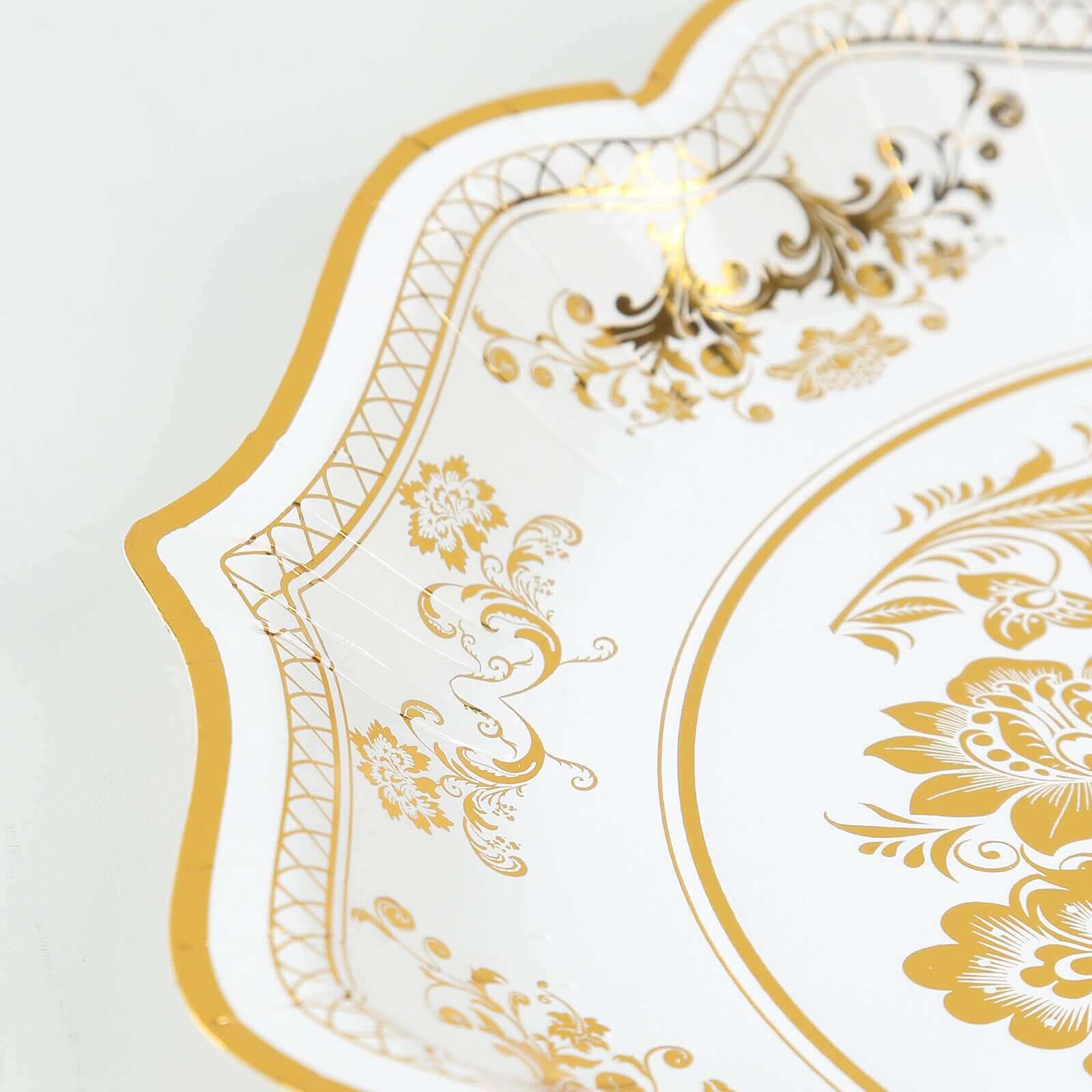 25-Piece Set of Elegant White and Gold Damask Floral Disposable Paper Dinner Plates, 10-Inch Size