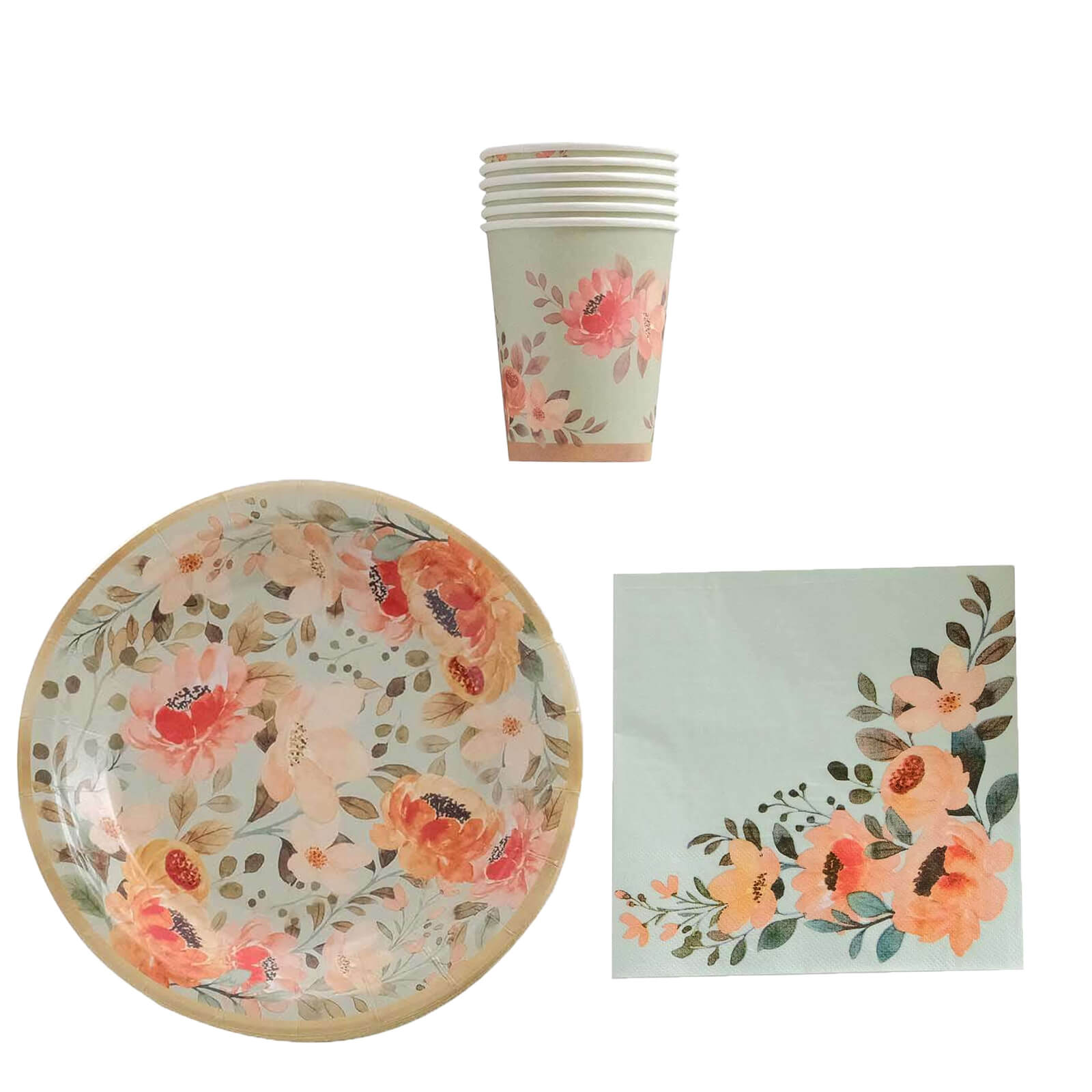 72-Piece Disposable Paper Dinnerware Set with Pink Floral and Sage Green Design