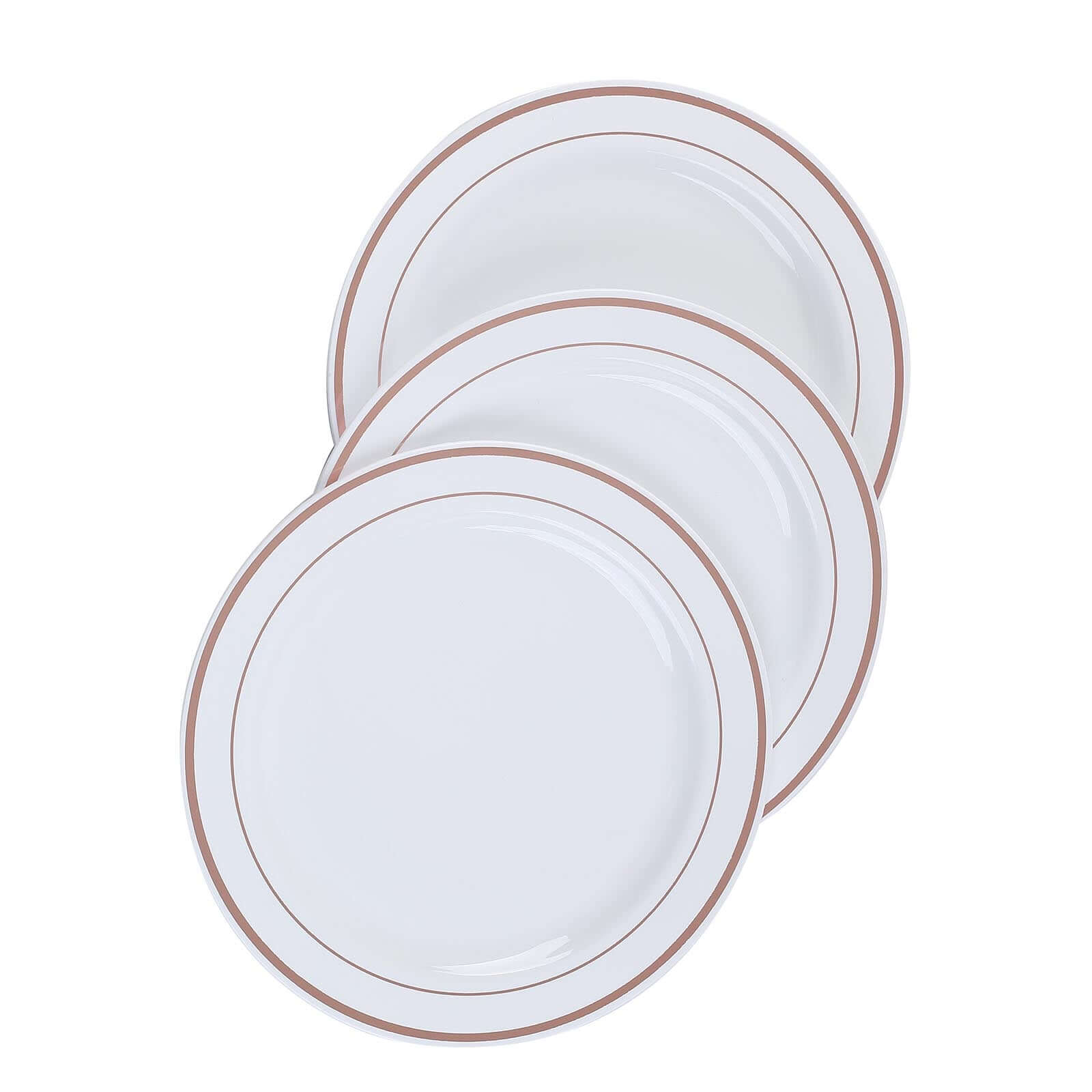 10-Piece Set of White Disposable Plastic Dessert Plates with Stylish Rose Gold Rim, 8 Inches