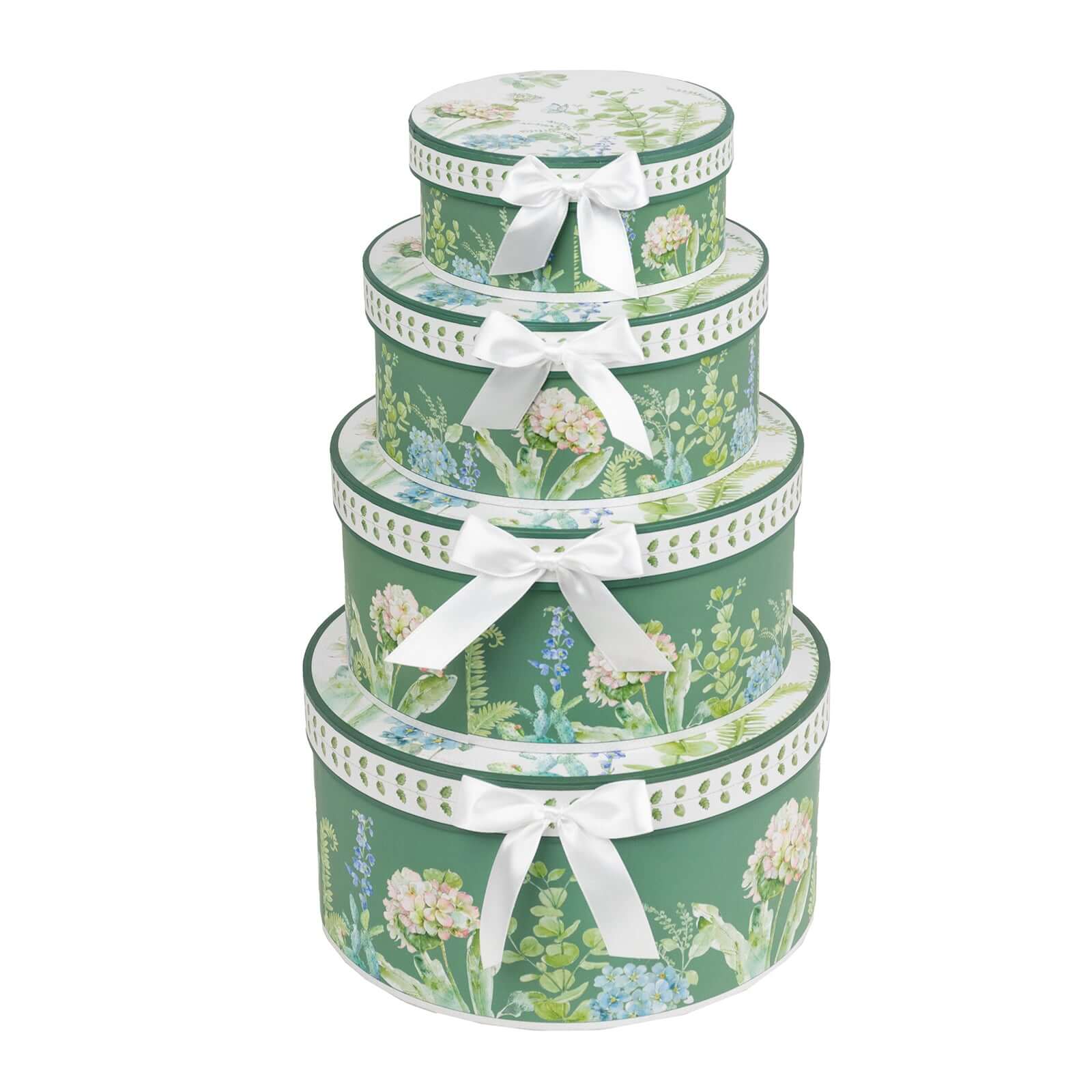 4-Piece Set of Greenery-Themed Cardstock Round Nesting Gift Boxes with Lids