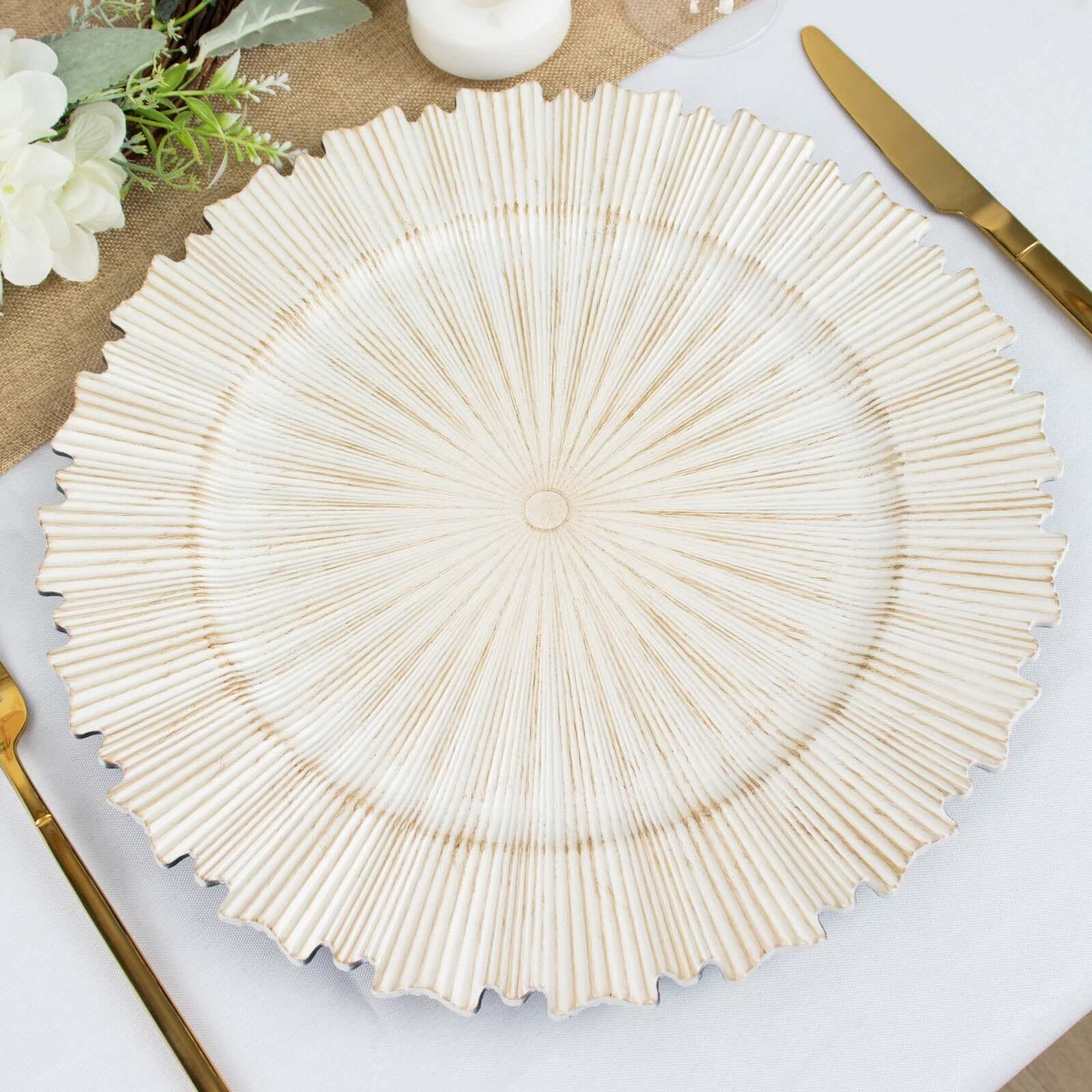6-Piece Set of 13-Inch Washwhite Acrylic Charger Plates with Sunray Scalloped Rim for Dinner Parties