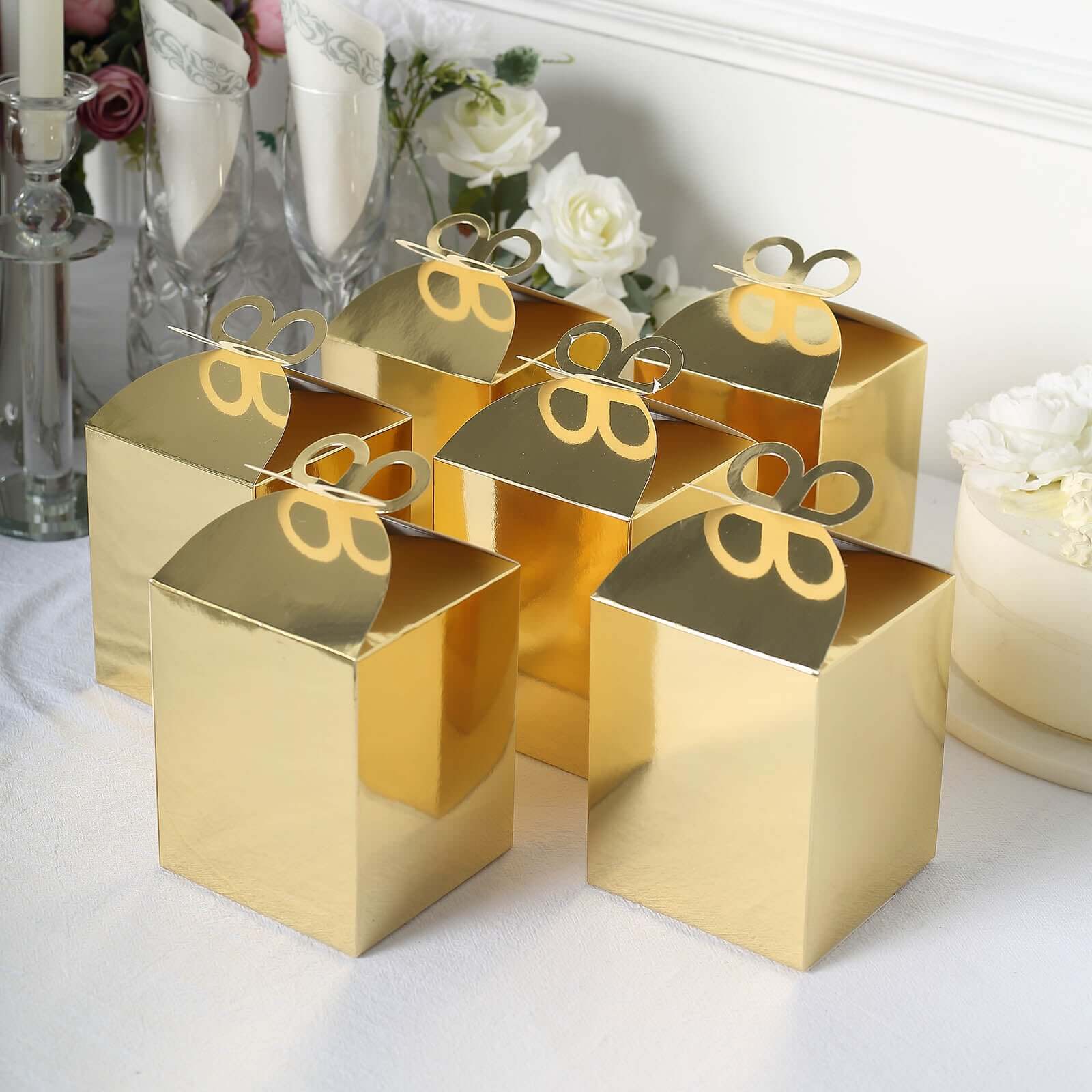 25-Pack Premium Metallic Gold Foil Butterfly Top Party Favor Boxes, Ideal for Gifts