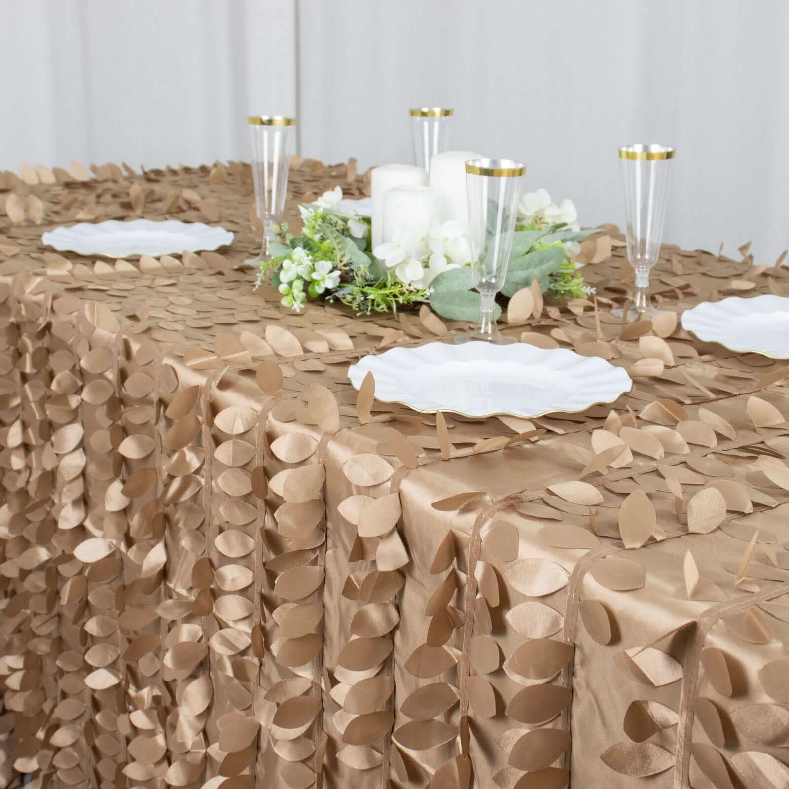 Taupe Taffeta 90x132 Rectangle Tablecloth with 3D Seamless Leaf Petal Design