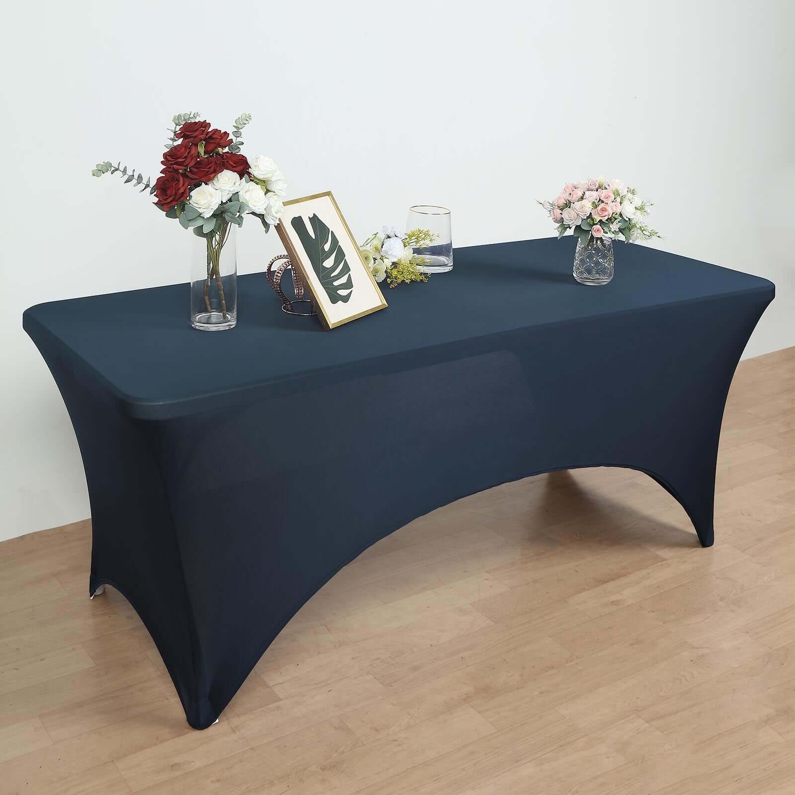 Navy Blue Stretch Spandex 96x30 Rectangle Table Cover with Curved Open Back - Professional Look