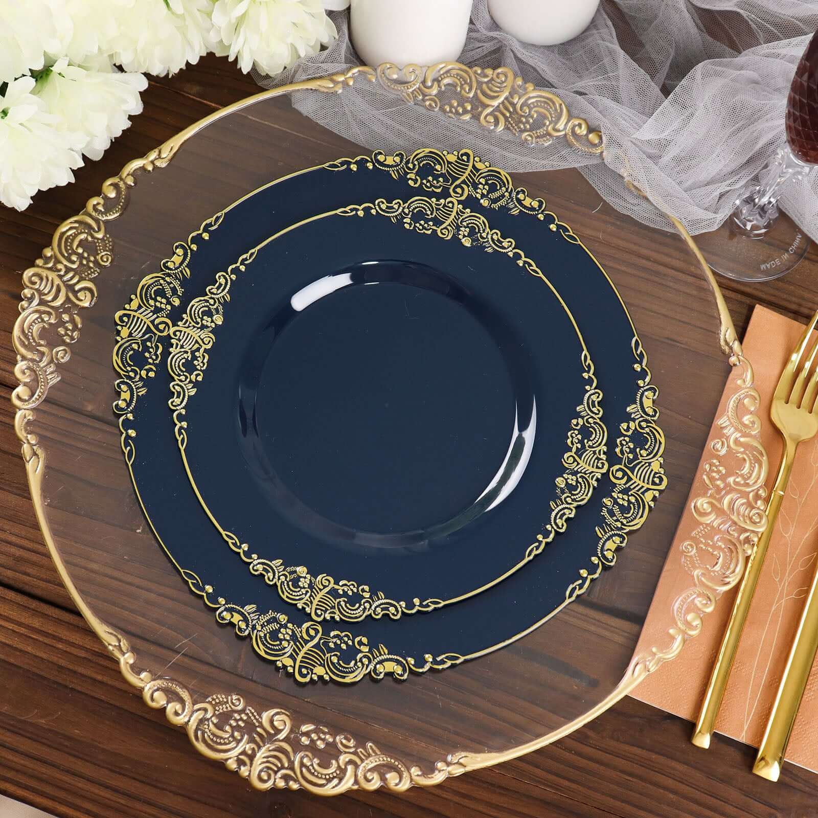 10-Pack Disposable Navy Blue Plastic Dinner Plates with Gold Leaf Embossed Rim - Vintage Baroque Style