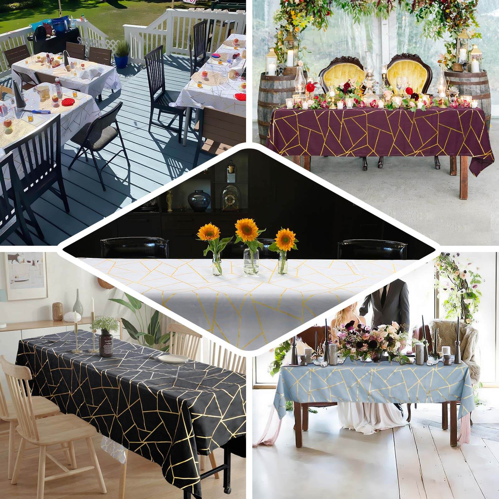 Hot Sale! Wrinkle-Resistant & Durable Polyester Rectangle Tablecloth in Sage Green with Gold Foil Geometric Design (60x102)
