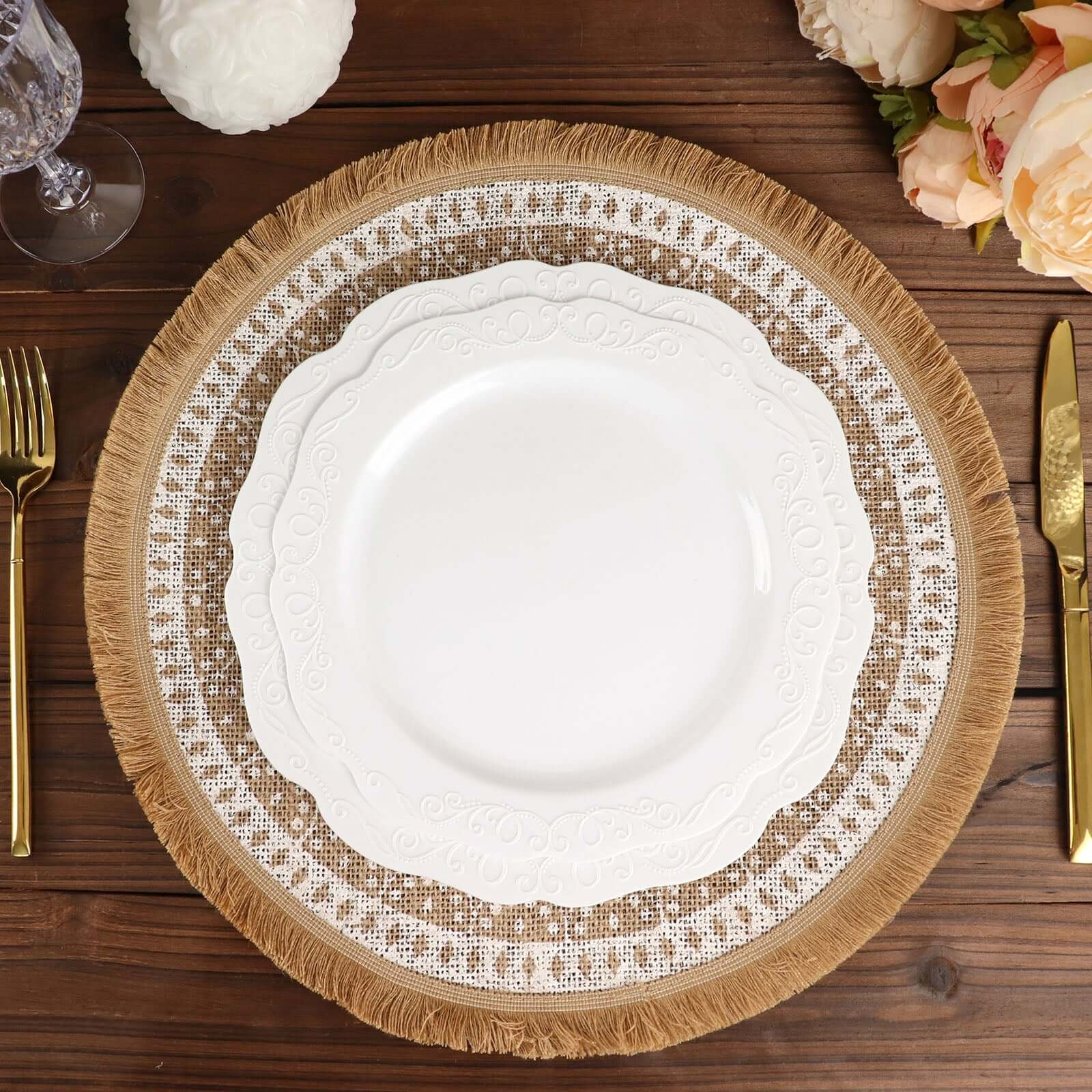 4-Pack Natural Jute and White Round Placemats with Fringe Print - Rustic Style, 15"