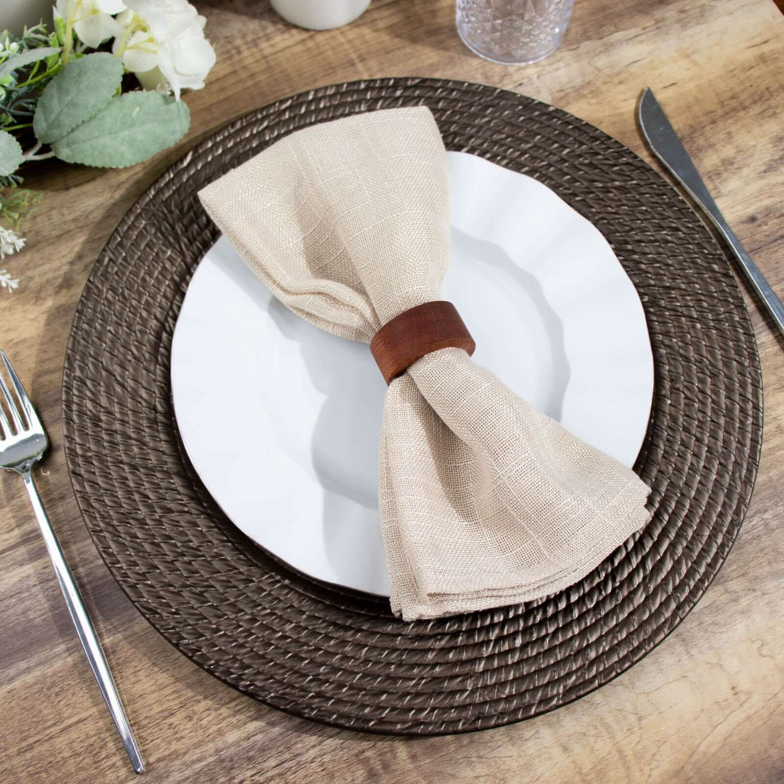 6-Piece Set of 13-Inch Natural Brown Acrylic Charger Plates with Rattan Look, Reusable for Events