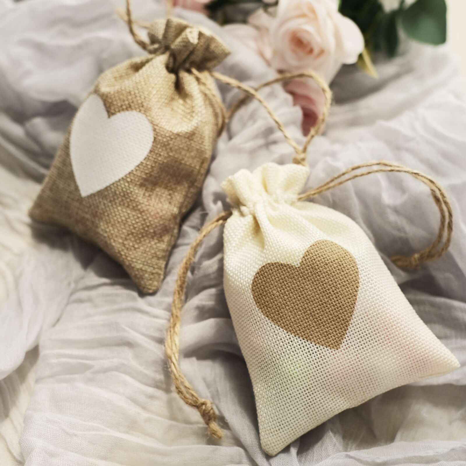 20-Piece Set of 4x5 Natural Ivory Heart-Printed Jute Burlap Drawstring Gift Bags for Rustic Weddings