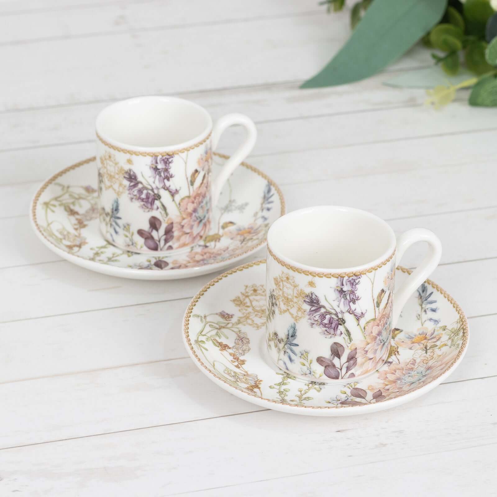 Blush Floral-Printed Porcelain Espresso Cups and Saucers Set of 2 with Gift Box