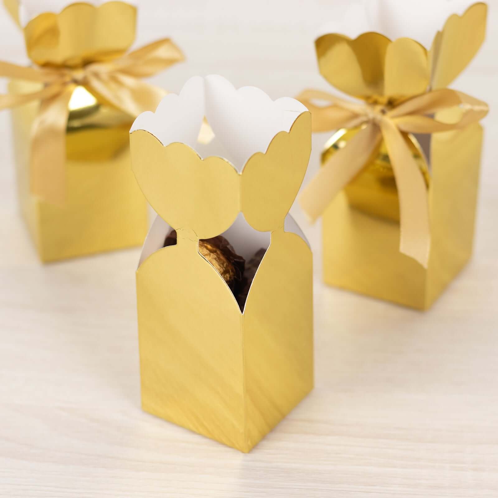 25-Pack Gold Floral Satin Ribbon Candy Gift Boxes - Ideal for Parties