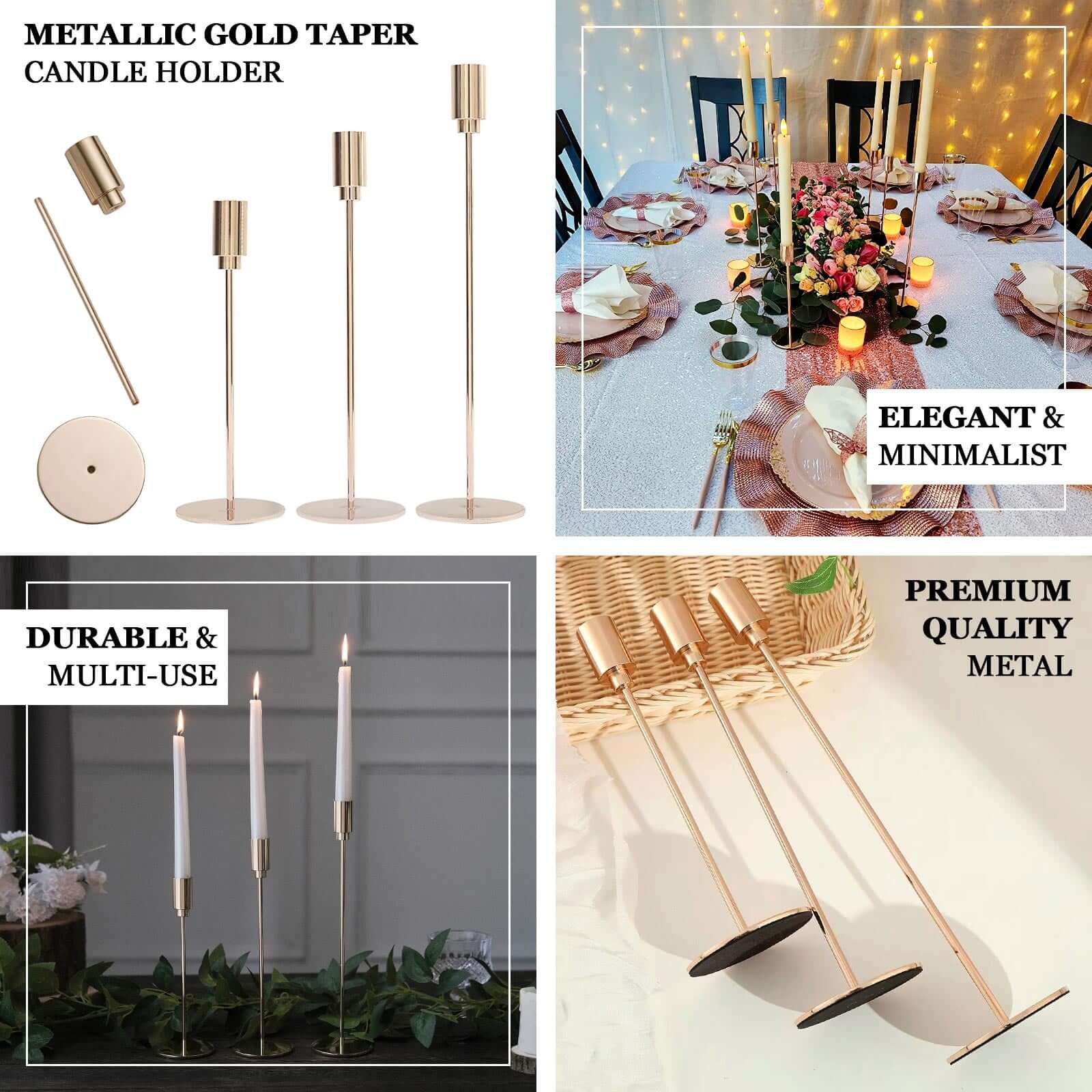 Gold Metal Set of 3 Taper Candle Stands with Round Base - Ideal for Weddings