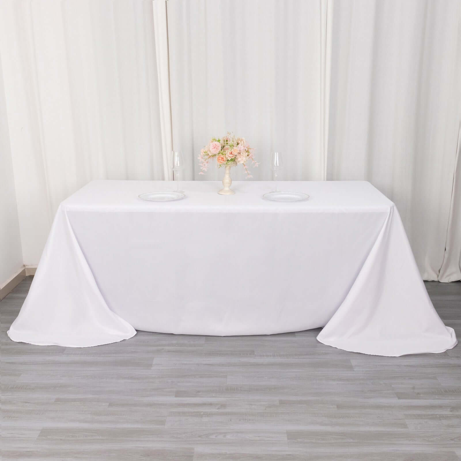 White Polyester Rectangle Tablecloth 90x132 - Ideal for Elegant Gatherings, Rounded Corners & Seamless Design