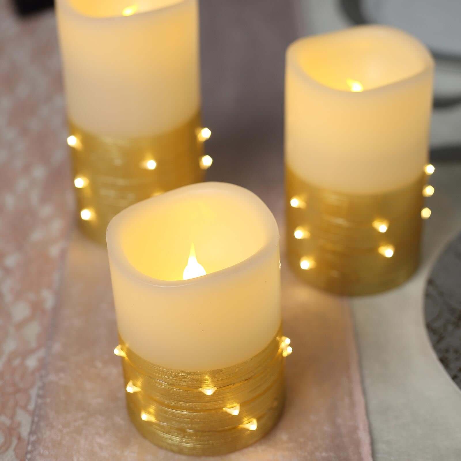 Remote-Controlled Set of 3 Gold LED Flameless Pillar Candles with Fairy String Lights (4', 5', 6')