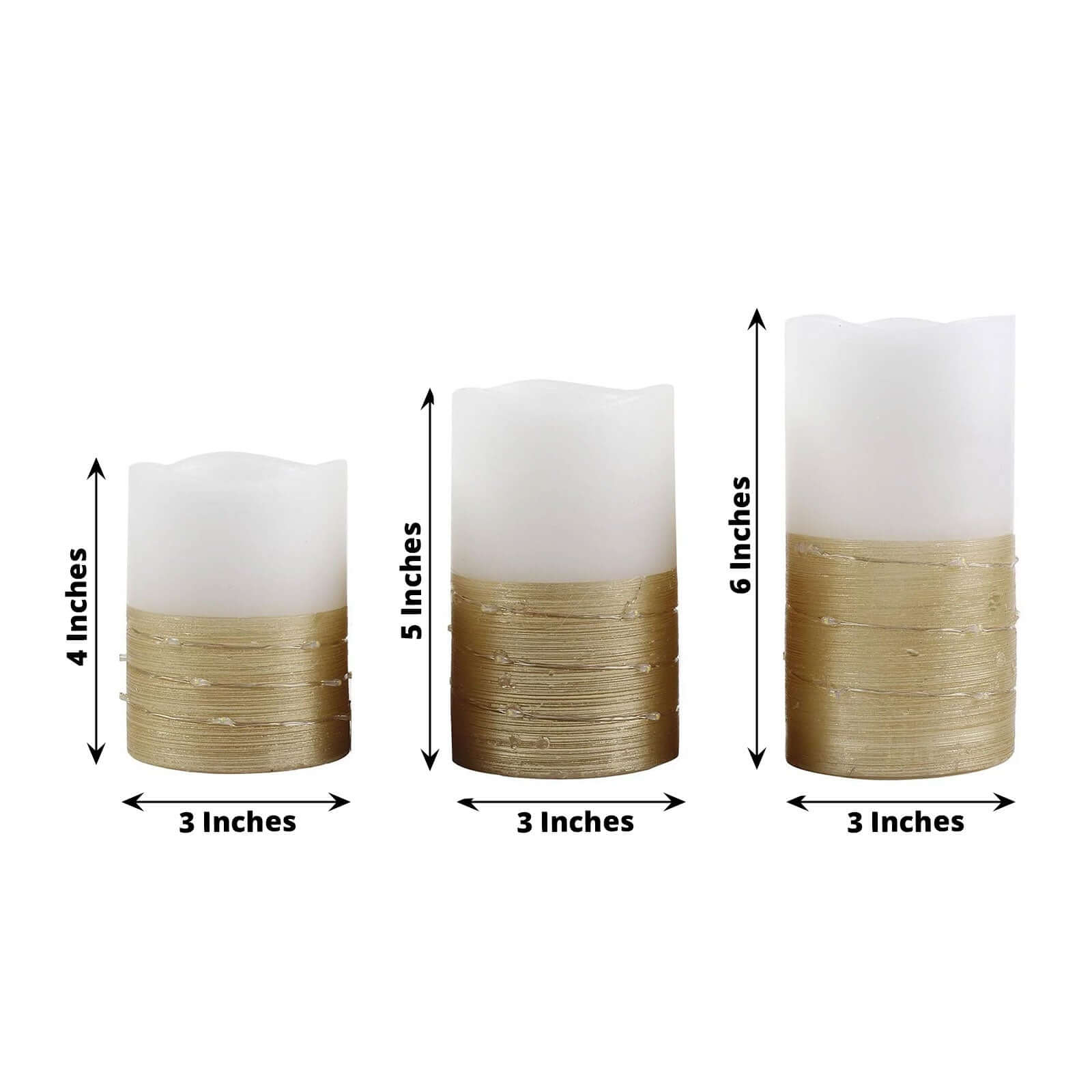 Remote-Controlled Set of 3 Gold LED Flameless Pillar Candles with Fairy String Lights (4', 5', 6')