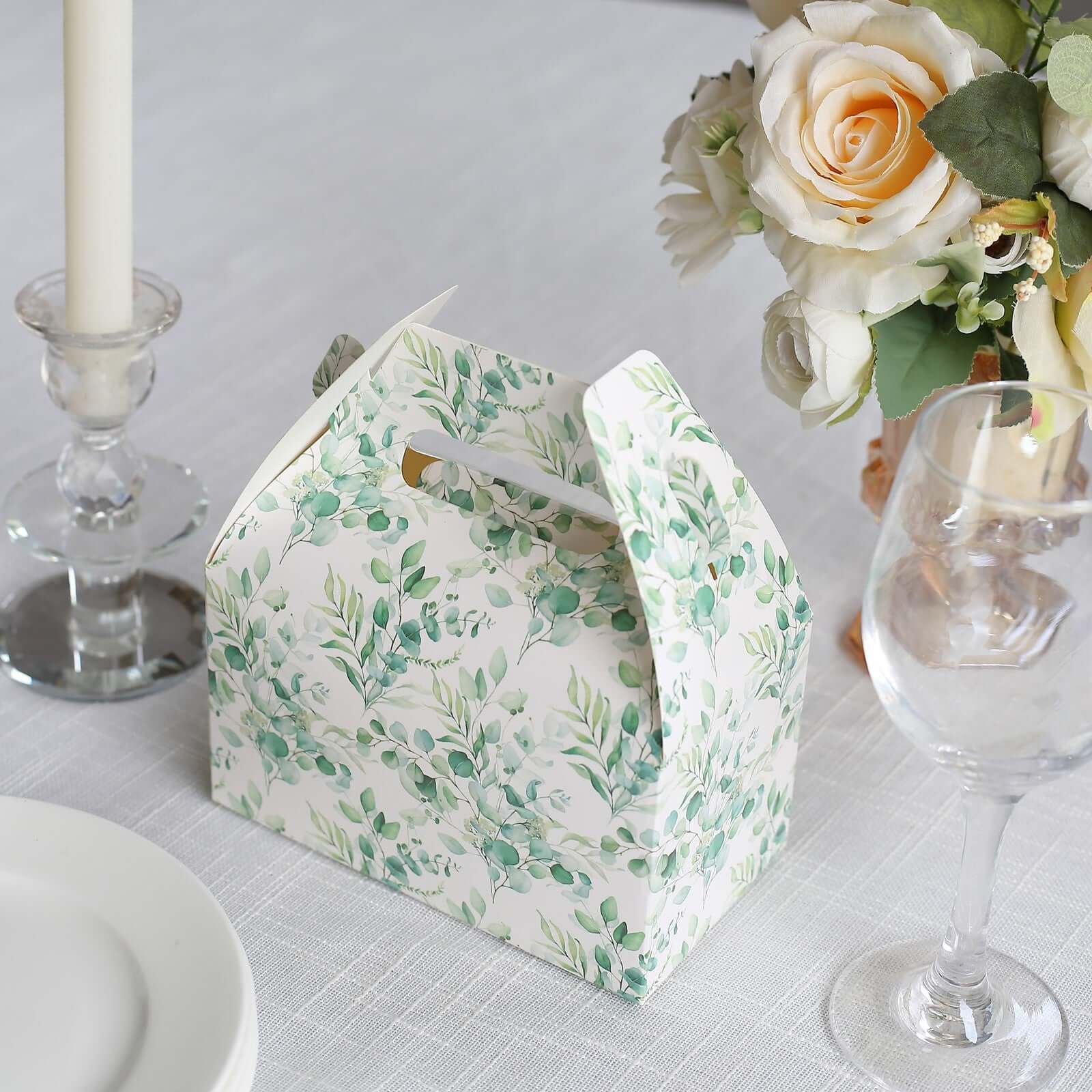 25-Pack White and Green Eucalyptus Leaves Printed Tote Gable Party Favor Boxes, 6x3.5x7