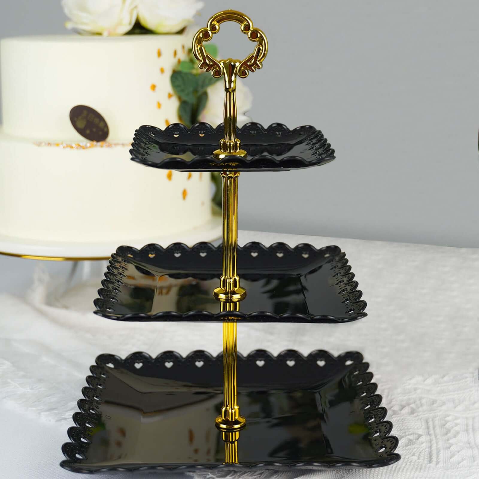 Black 3-Tier Plastic Square Cupcake Stand Tower - Ideal for Tea Parties, Weddings & Special Occasions