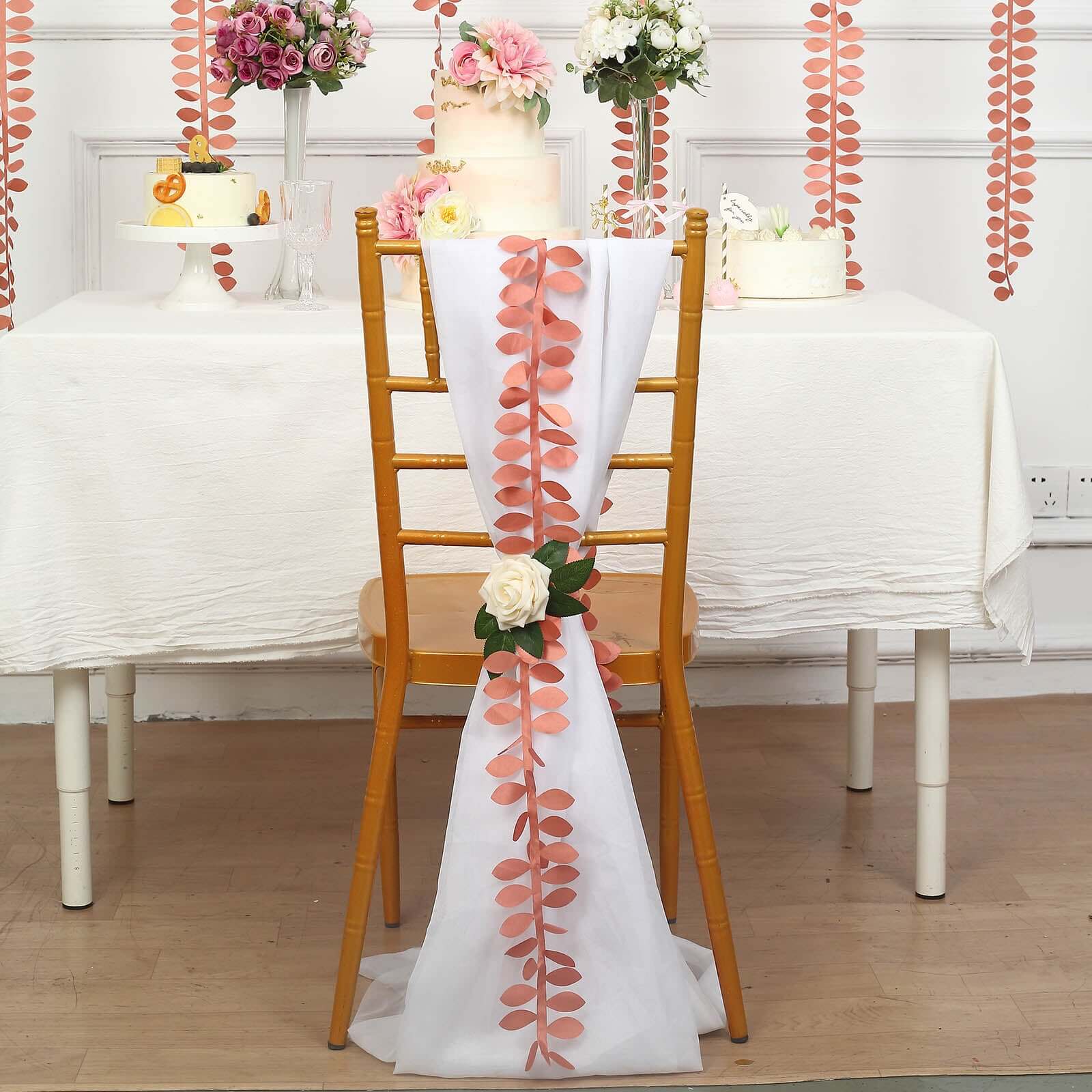 50ft Sophisticated Taffeta Ribbon Sash with 4 - Leaf Petal Design in Terracotta (Rust) - Ideal for Decor