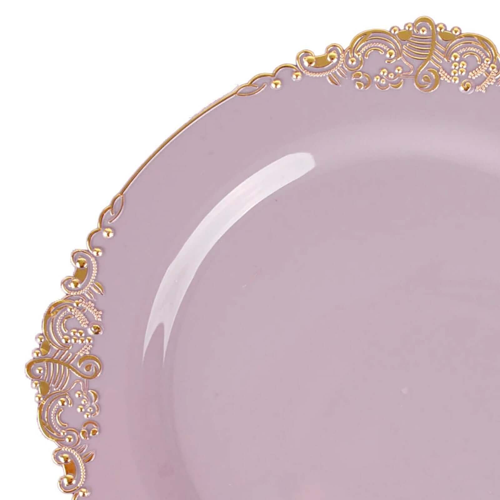 Hot Deal! 10-Pack Disposable Plastic Round Dinner Plates in Lavender Lilac with Gold Leaf Embossed Rim, Vintage Baroque Style