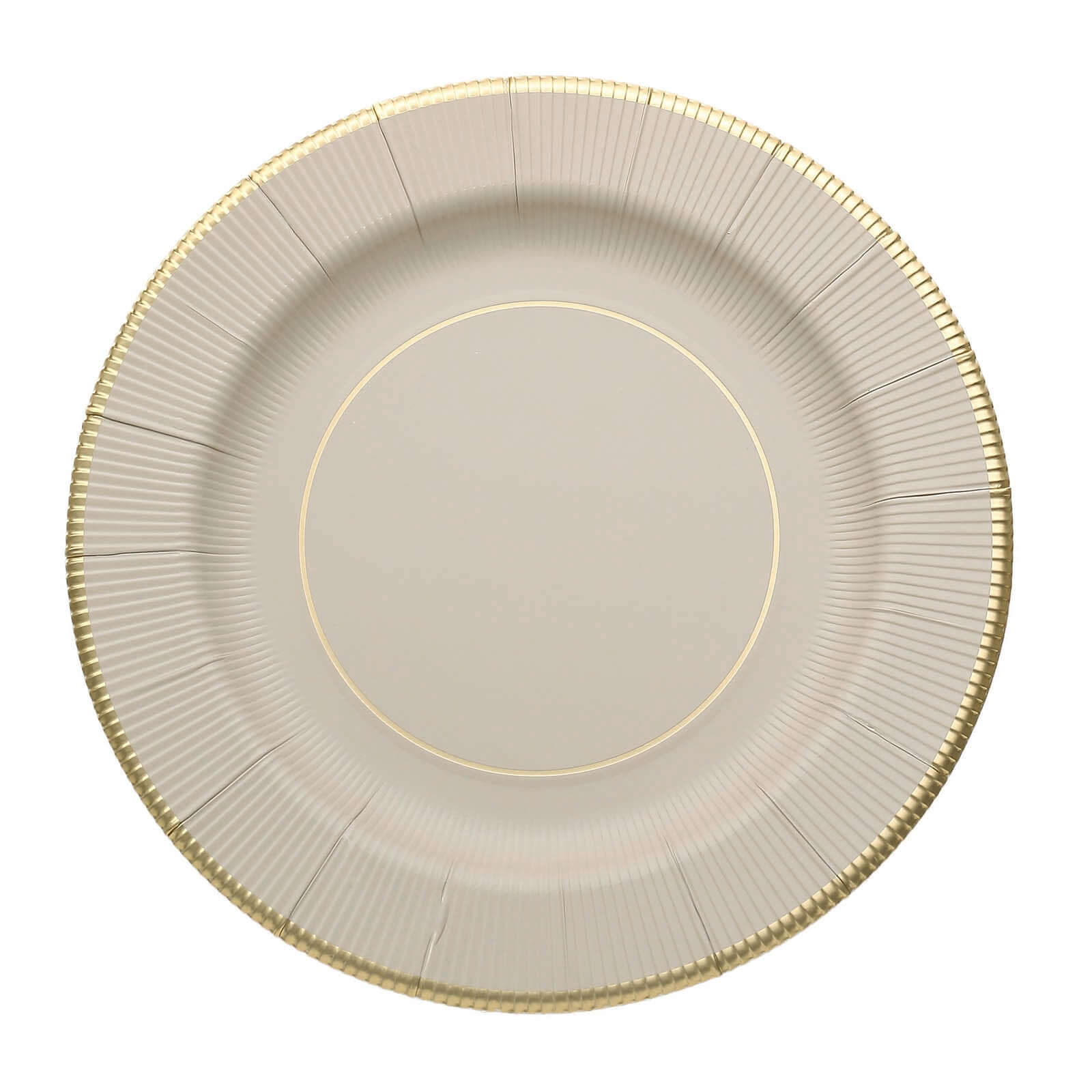 25-Piece Set of Disposable Heavy Duty 350GSM Paper Charger Plates in Taupe Sunray Design with Gold Rim, 13 Inches
