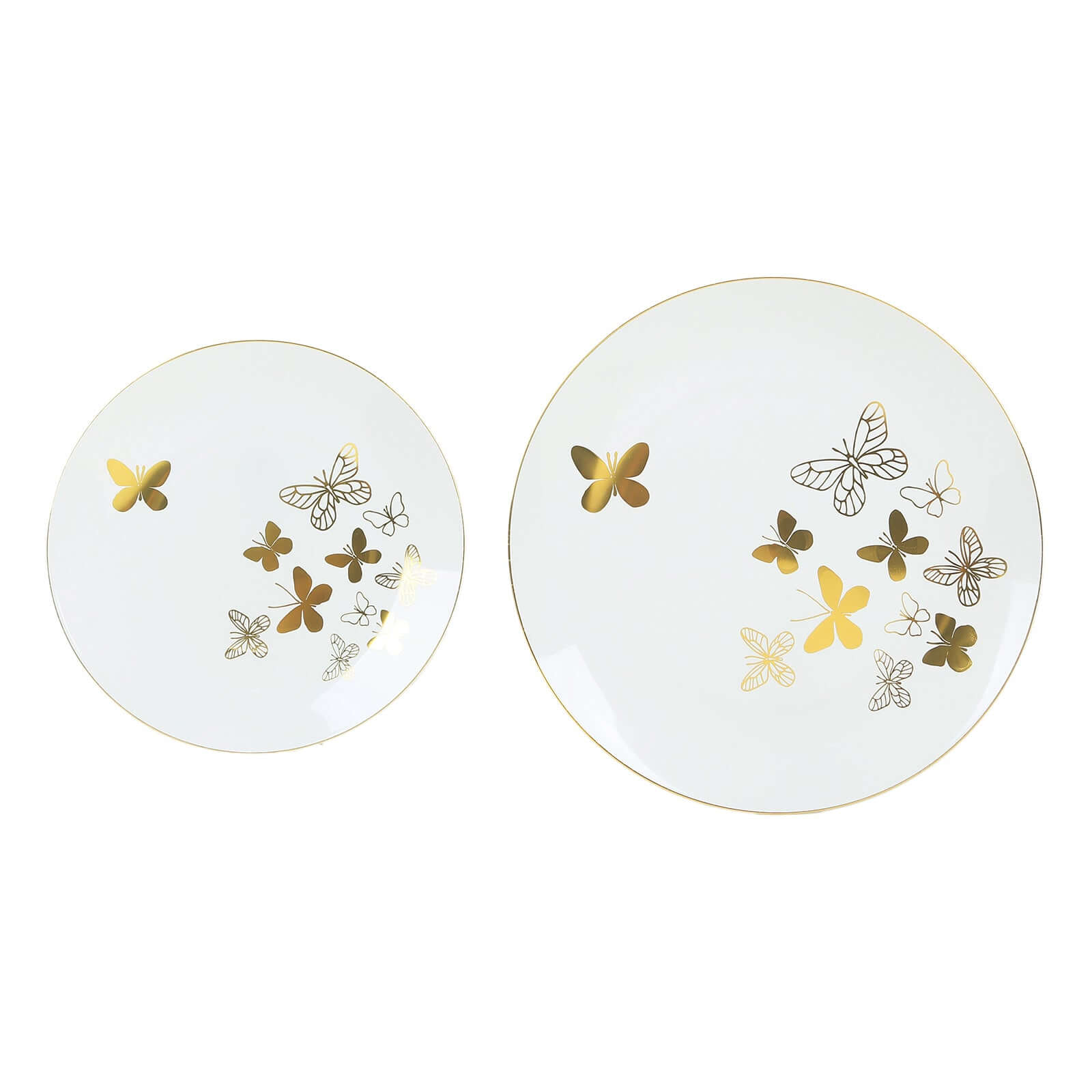 Get 20-Piece White Plastic Dinner & Salad Plates with Gold Butterfly Design & Rim - Ideal for Buffets & Events