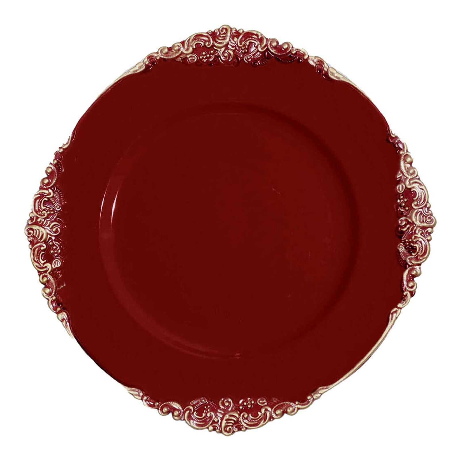 6-Piece Set of 13-Inch Burgundy Acrylic Round Charger Plates with Gold Embossed Baroque Rim for Decorative Dinners