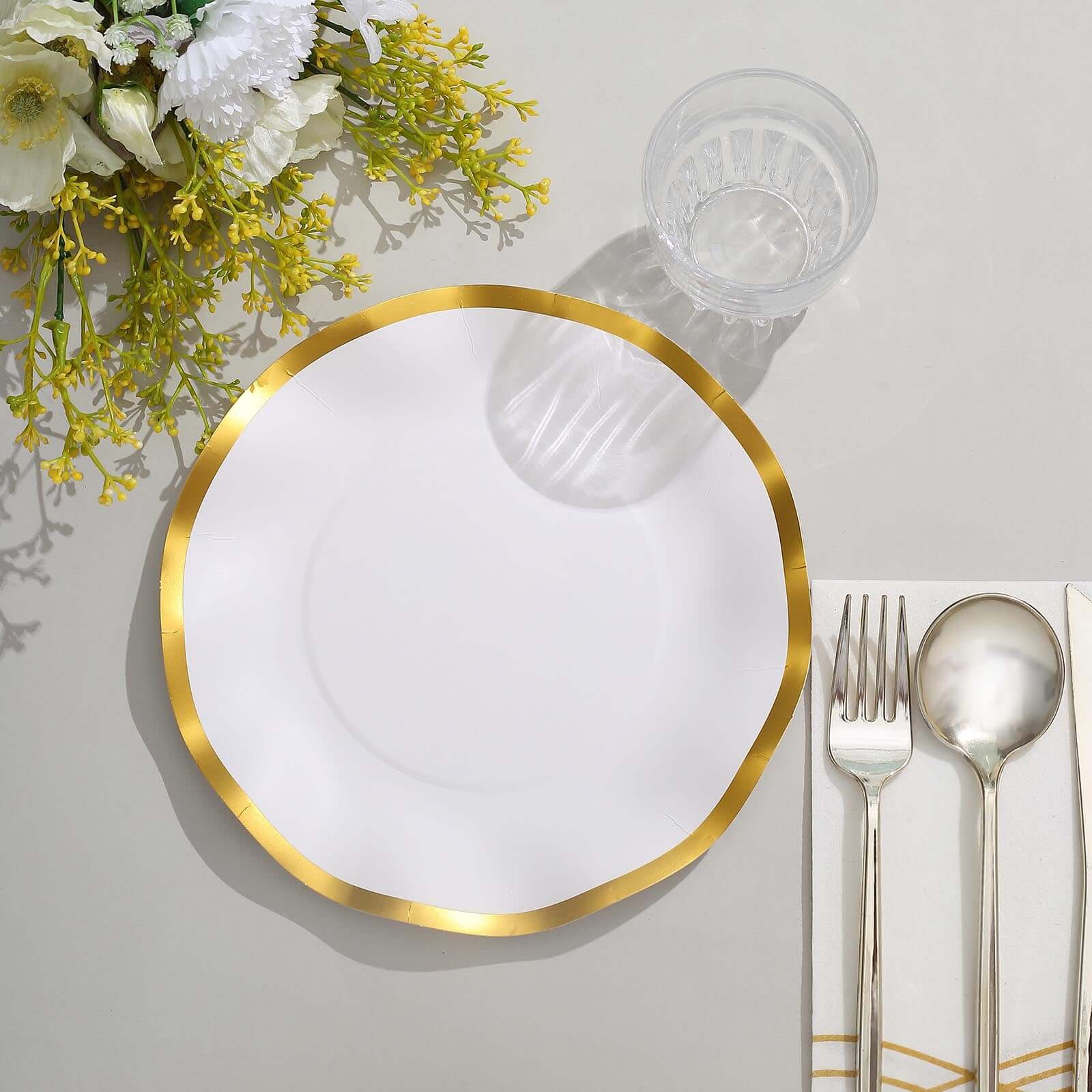 25-Piece Set of Disposable 8-Inch Round Matte White Paper Dessert Plates with Gold Wavy Rim for Upscale Events