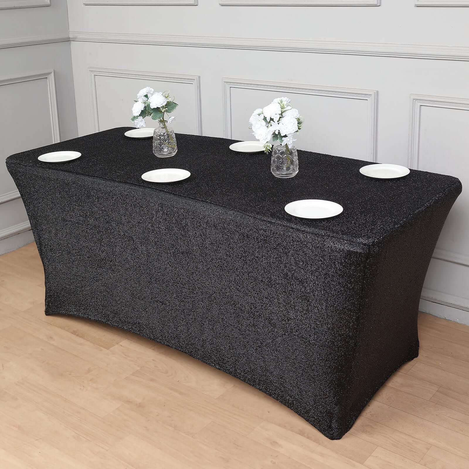 Hot! Metallic Black Shimmer Tinsel Spandex Stretch Tablecloth 72x30