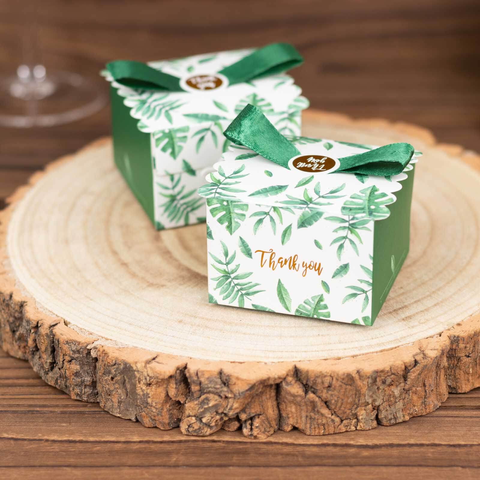 25-Piece Set of Green Monstera Leaf Printed Candy Gift Boxes with Satin Ribbon Bows