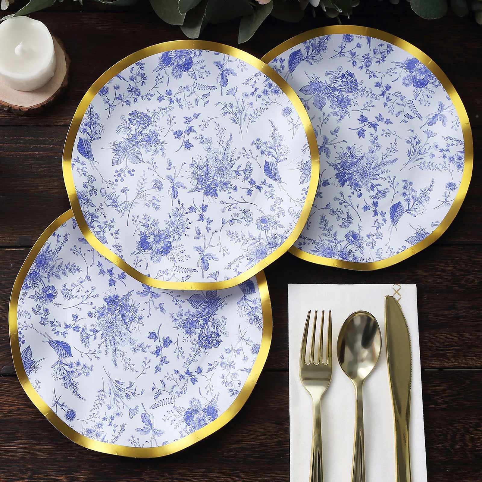 25-Pack Disposable 8-Inch Round White Salad Plates with Blue French Toile Pattern and Gold Wavy Rim - High-Quality Deal