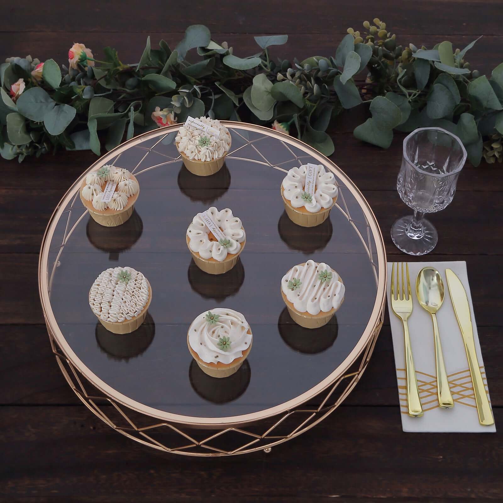 14-Inch Gold Metal Cake Stand with Geometric Diamond Cut Design and Glass Top for Dessert Display