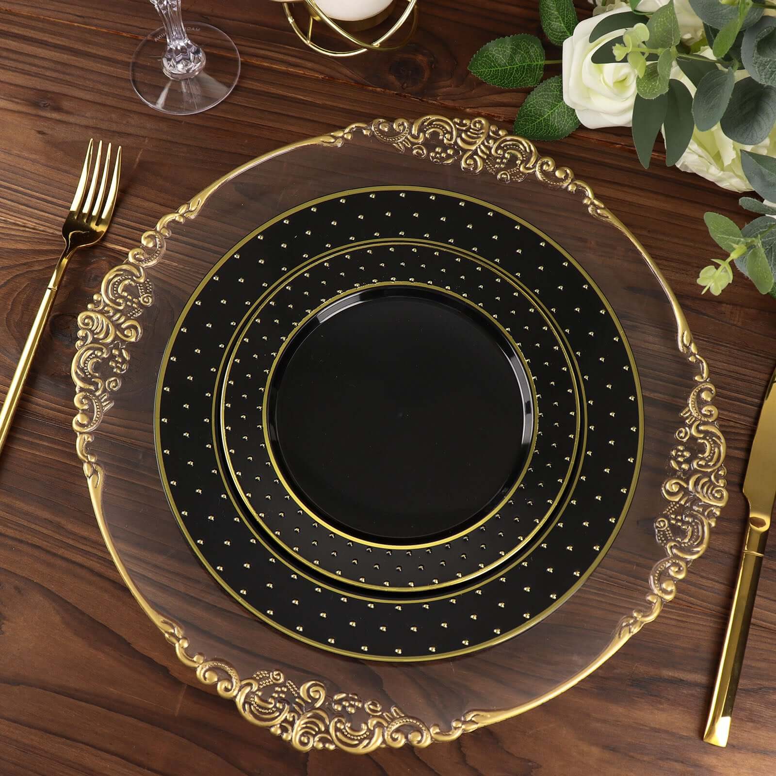 Get 10-Pack Durable Disposable Black Plastic Dessert Plates with Gold 3D Dotted Rim for Events