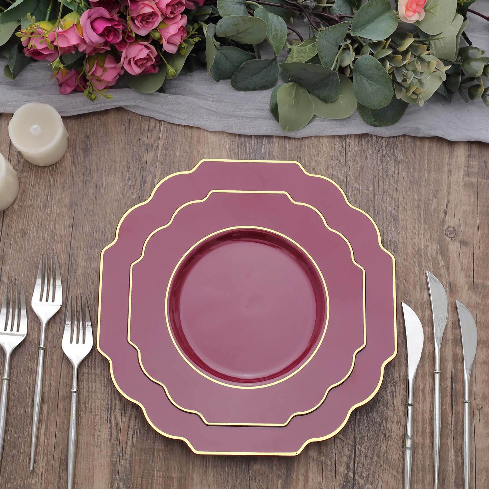 10-Piece Set of Heavy Duty Disposable Burgundy Baroque Dinner Plates with Scalloped Gold Rim