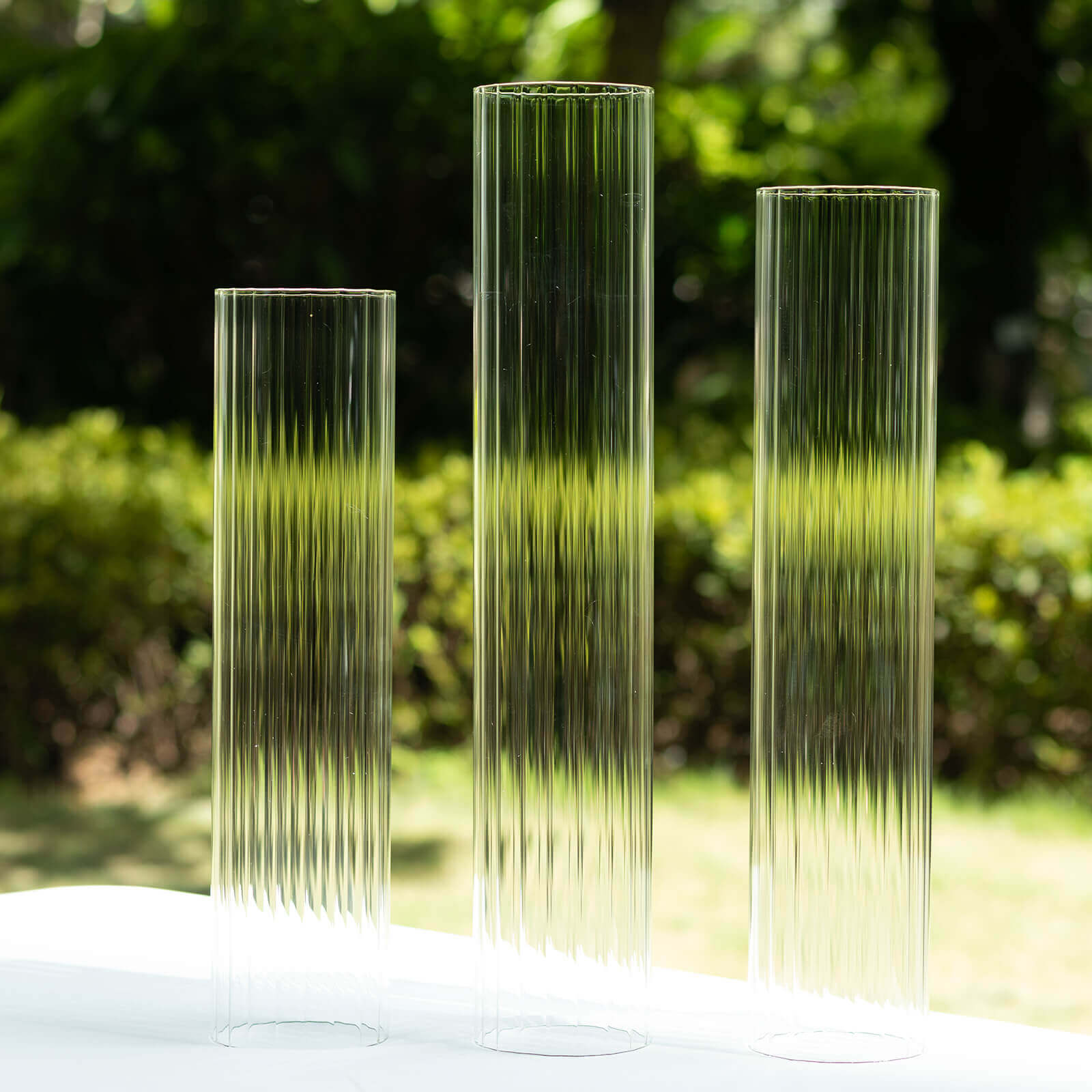 Stylish Set of 3 Clear Ribbed Glass Hurricane Shades for Candles - 15', 17', 19'