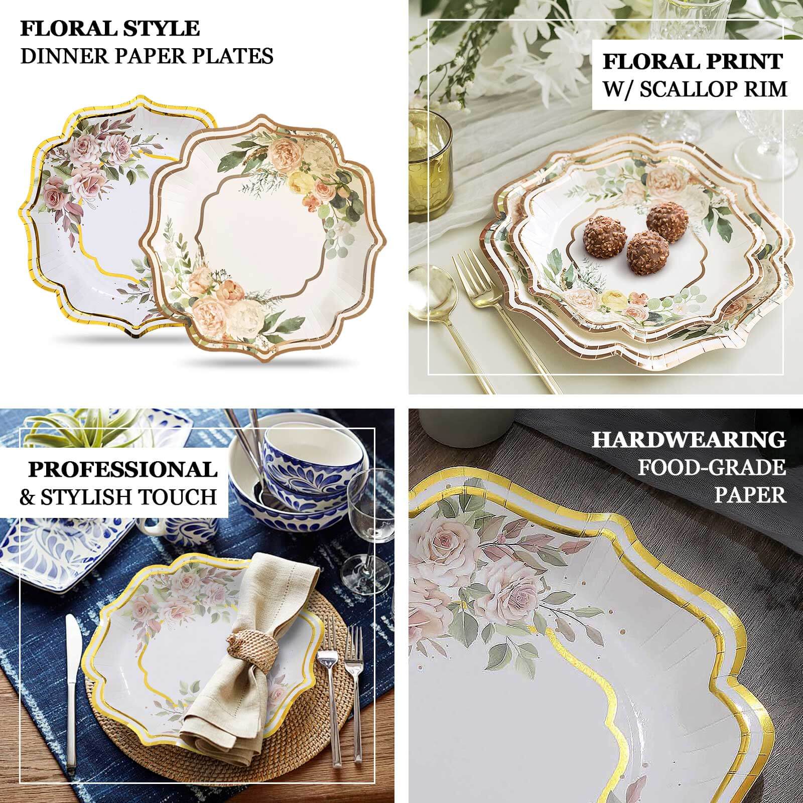 25-Pack Disposable 8-Inch White Floral Gold-Scalloped Dessert Plates for Events