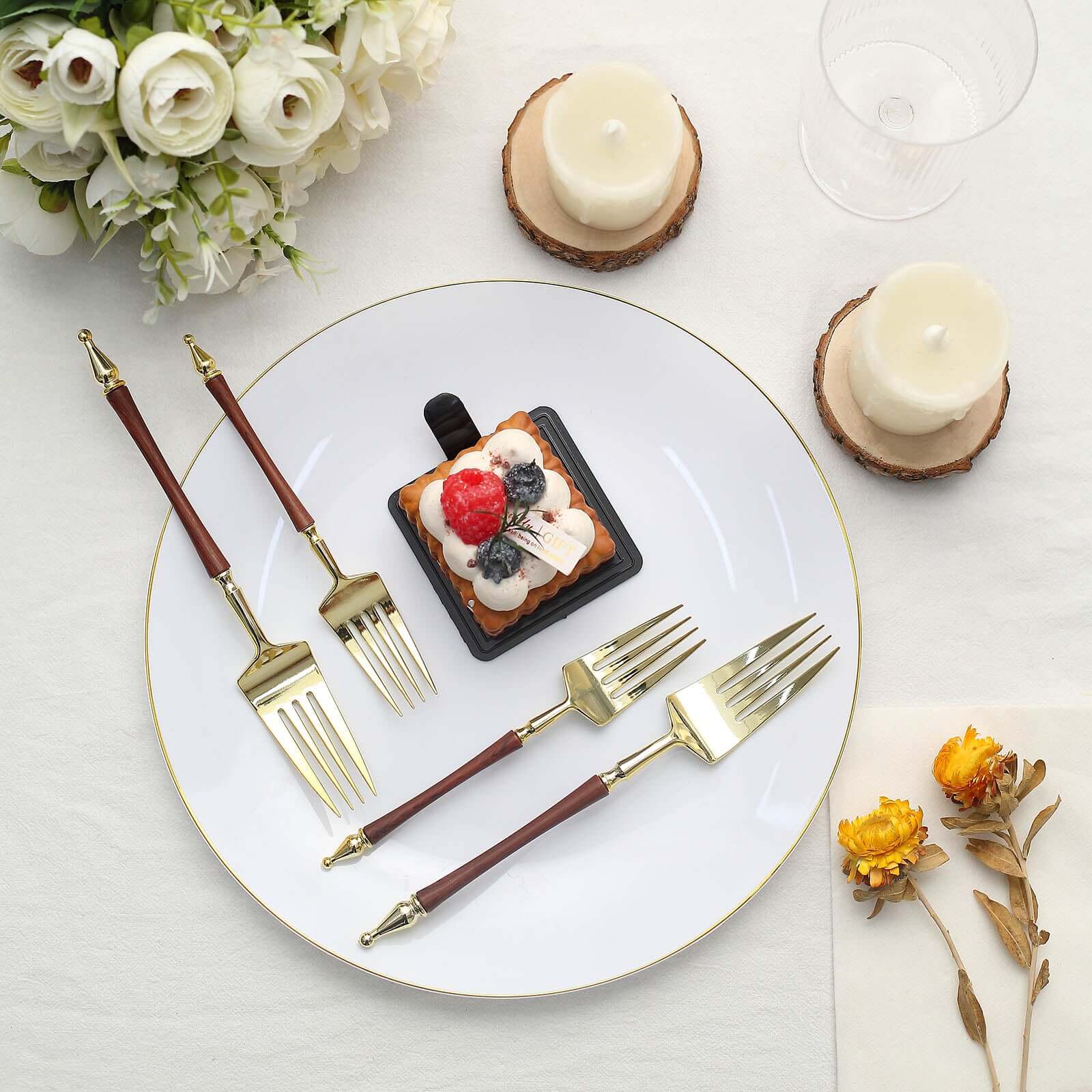 24-Pack Gold/Brown European-Style Disposable Dessert Forks with Roman Column Handles