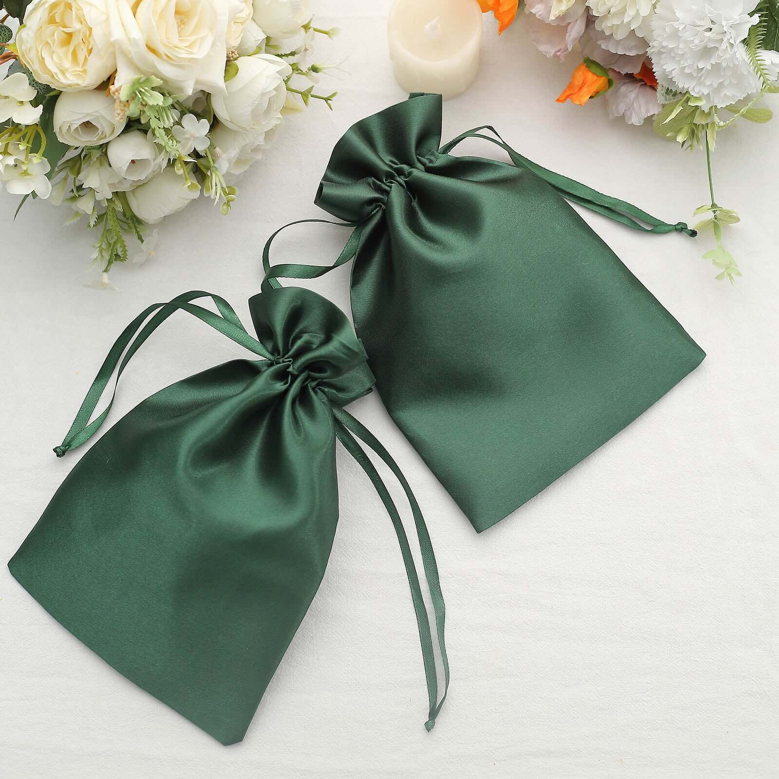 12-Piece Set of 6x9 Hunter Emerald Green Satin Drawstring Wedding Favor Gift Bags