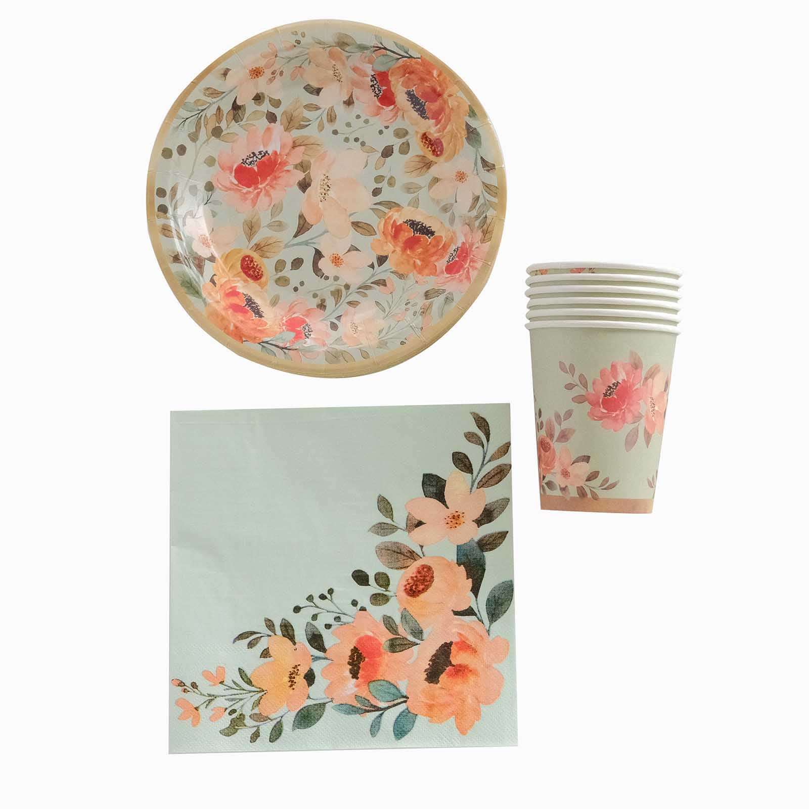 72-Piece Disposable Paper Dinnerware Set with Pink Floral and Sage Green Design