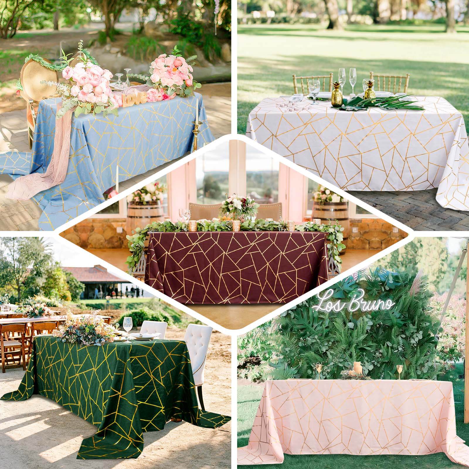Wrinkle-Resistant Navy Blue Polyester Tablecloth with Gold Foil Pattern for Elegant Events