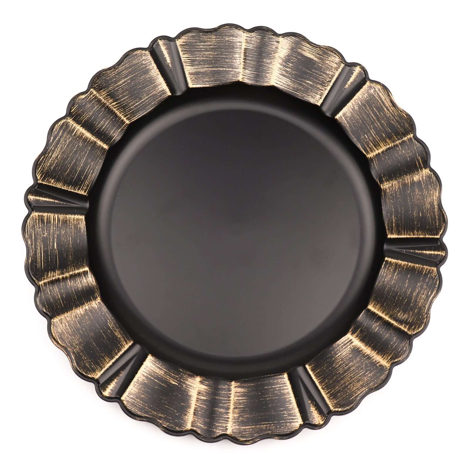Hot Sale! 6-Piece Set of 13-Inch Matte Black Acrylic Plastic Round Charger Plates with Gold Brushed Wavy Scalloped Rim for Dinner Parties