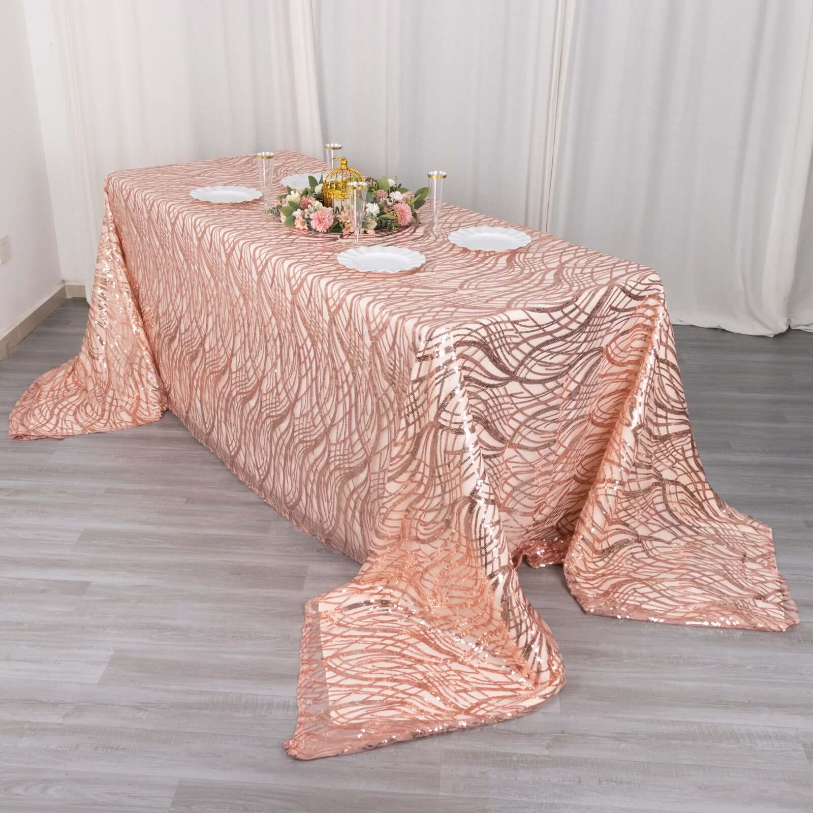 Sparkly Rose Gold Sequin Embroidered Mesh Rectangle Tablecloth (90x156) for Special Events